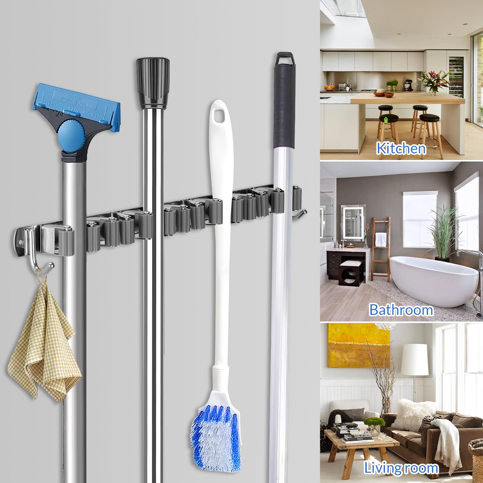 Porta Scope Parete, Appendi Scope a Muro con 7 Supporti e 2 Ganci Portascope da Muro, Autoadesivo Porta Attrezzi da Parete in Acciaio Inox per Bagno, Cucina, Garage, Terrazza