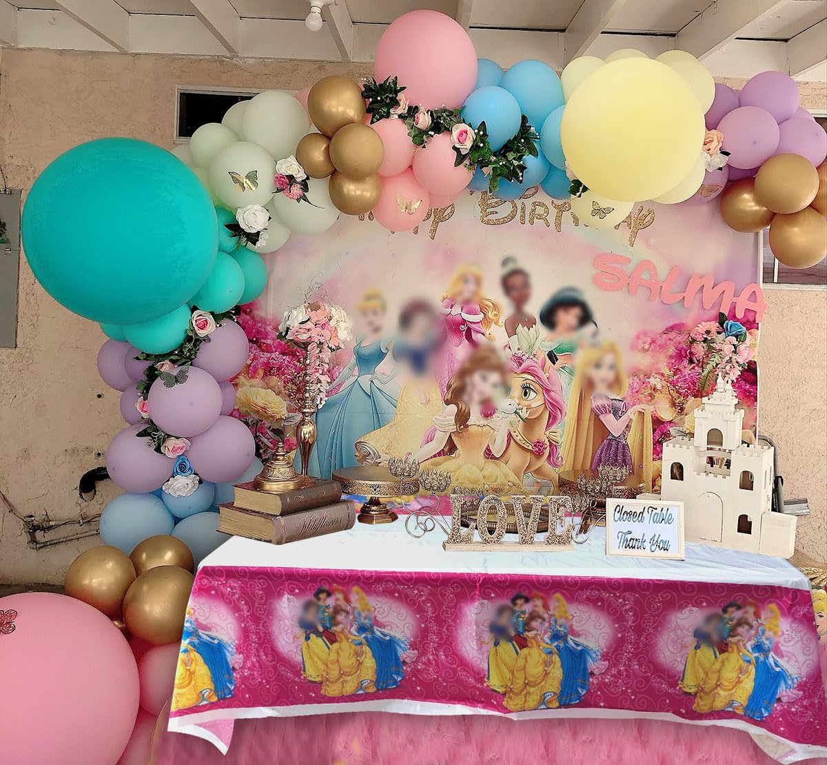 Princess Backdrop and Tablecloth Girls Birthday Party Rainbow Flowers Princess Photo Background 6x4ft Princess Theme Party Table Cover Decoration Supplies 70.8 x 42.5 inch