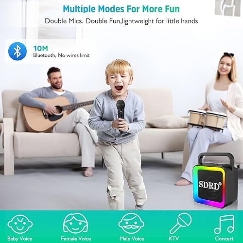Miniatura 8 de Máquina de karaoke con dos micrófonos inalámbricos, altavoz Bluetooth portátil para adultos y niños, sistema PA recargable para fiesta en casa,