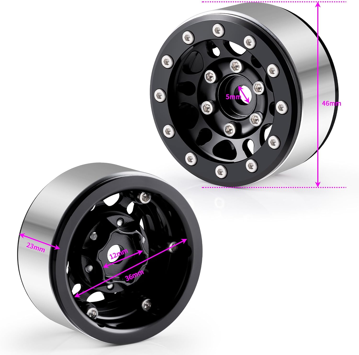 RCLIONS 1.55inch Aluminium Beadlock Wheels Rims for Axial UTB18 D90 TF2 CC01 AX90069 MST JIMNY 1/10 RC Crawler Trail Truck Car Upgrade Parts (Black)