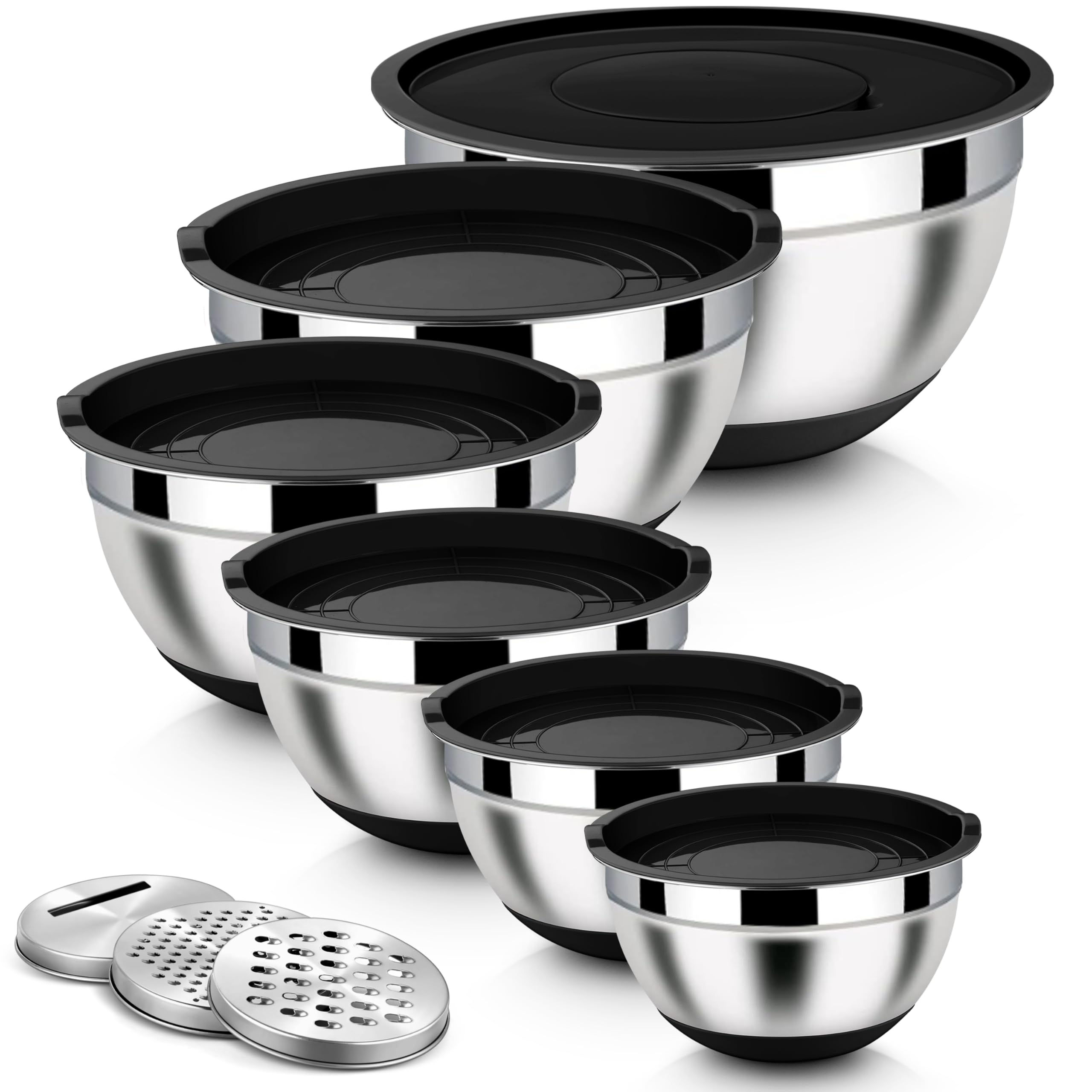 Homikit Juego de 6 cuencos para mezclar, acero inoxidable, color negro, ensaladera con 3 accesorios para mezclar y mezclar, tapa hermética y base de silicona, 4,6 l, 2,8 l, 2,5 l, 1,6 l, 1,2 l, 0,7 l,