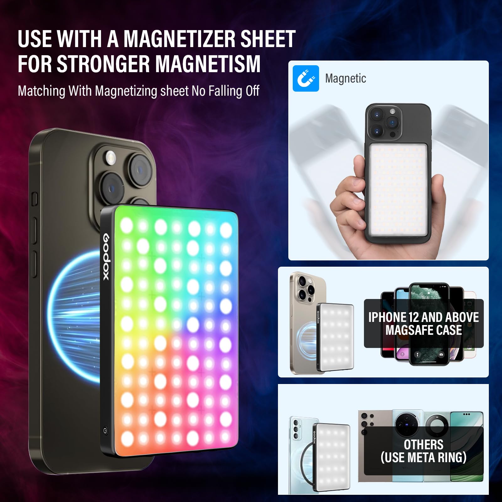 GODOX MA5R Magnetic Full Colour RGB Video Light Light 1800K-10000K 14 Pre-Programmed Effects LED Light Photo for Selfie DSLR Camera (nero)