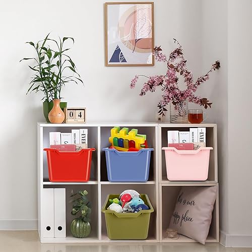 Vista 12 de Dandat 16 cubos de plástico para libros para aula, biblioteca, cucharada, apilables, para almacenamiento de juguetes, para escuela, oficina, hogar