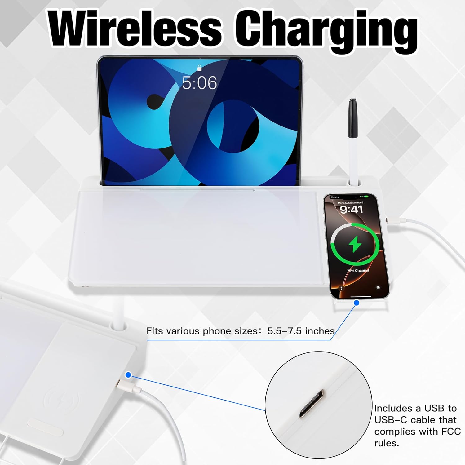 Glass Desktop Whiteboard with Wireless Charger & Storage, Desk Dry Erase Note Memo Board, Compact Desk Organizer for Desk, Home, Study, Office, Back to School Supplies, White, 2026