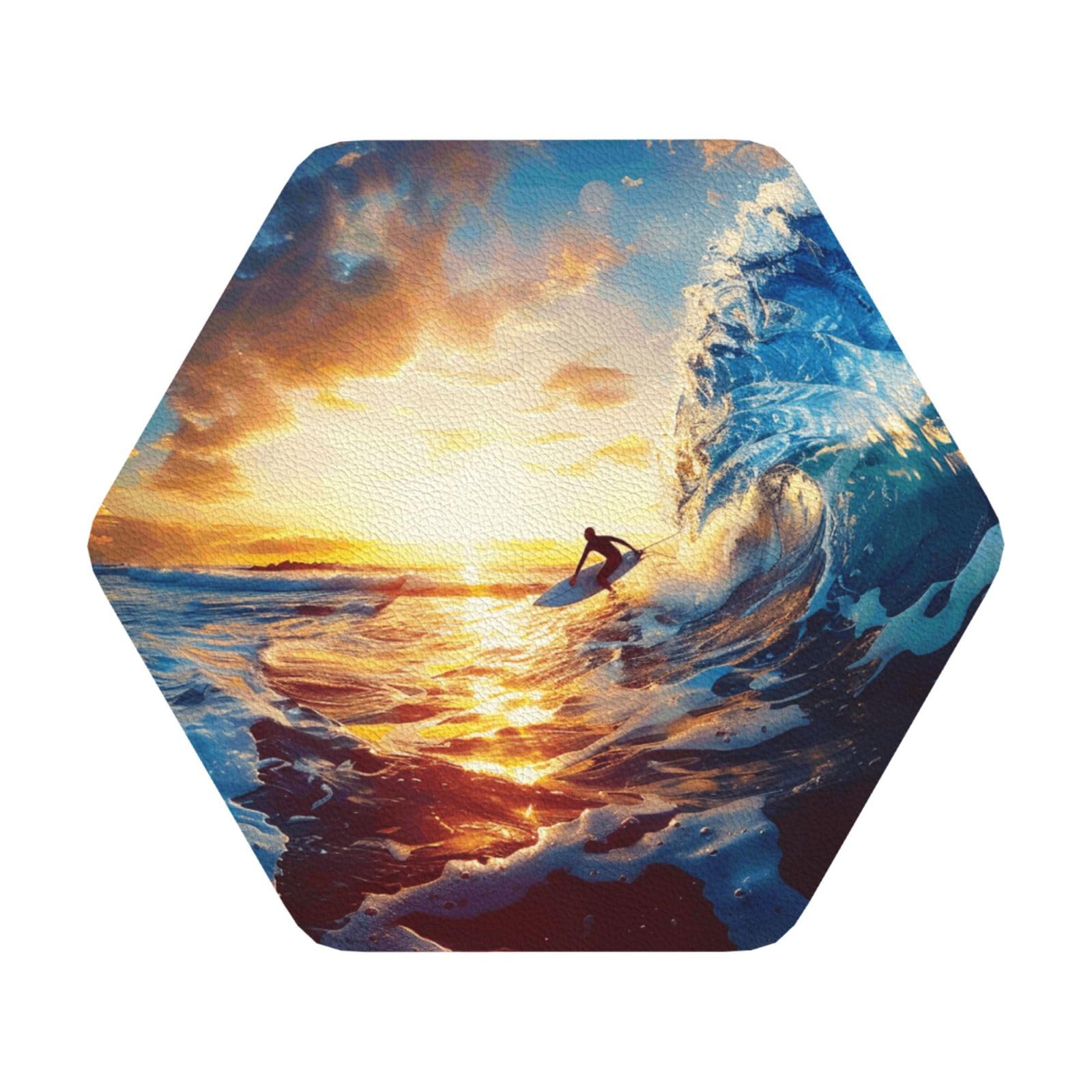 Sunset Sea Surfing Seascape Print Leather Coaster Set of 6, Hexagon Coasters Table Decorative Coffee Cup Beverage Coasters Wine Beer Bar Coasters for Hot Drinks Table Protection