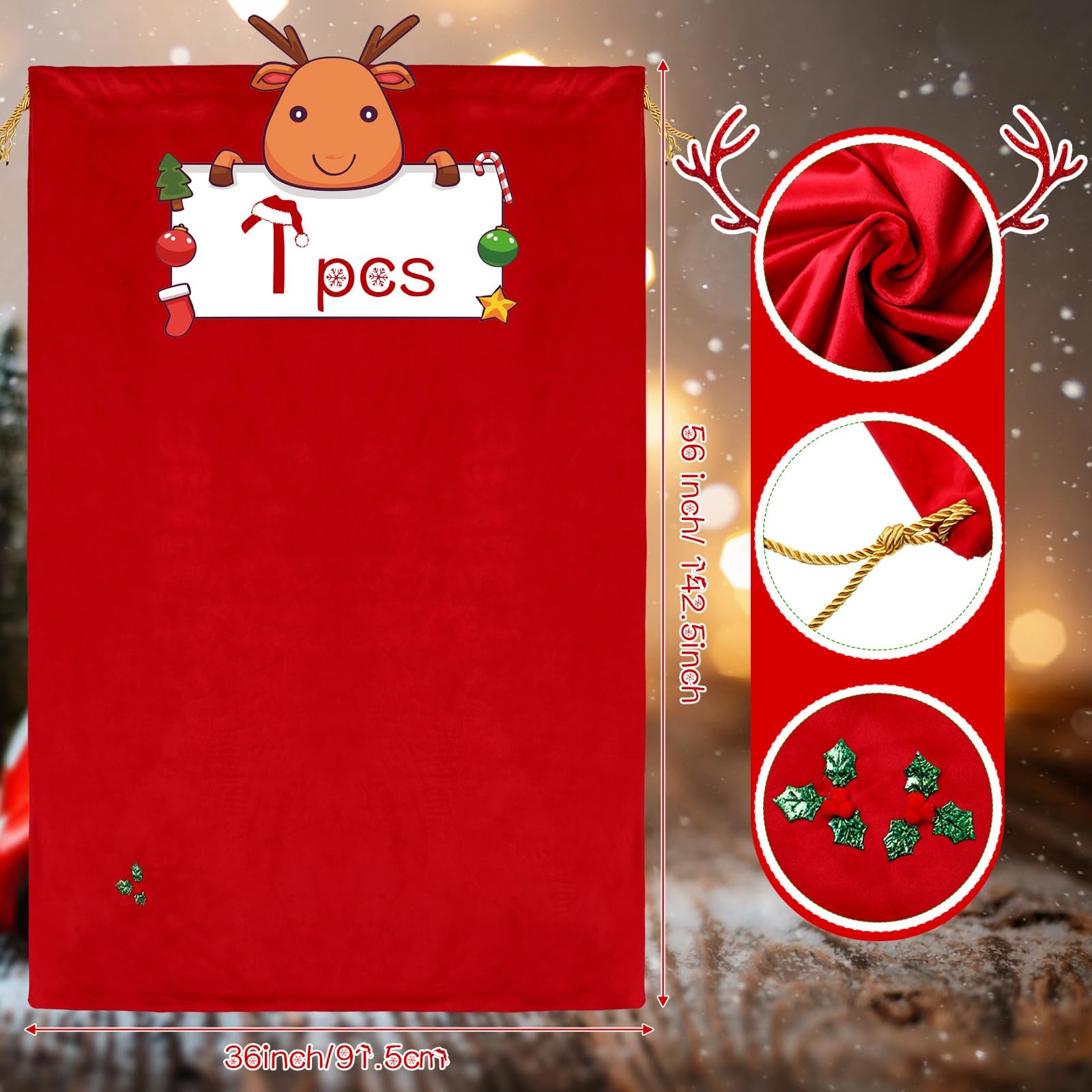 Eccliy Bolsa gigante de regalo de Navidad de Papá Noel de 56 x 36 pulgadas, bolsa de regalo de terciopelo rojo con cordón para suministros de fiesta de Navidad, envoltura de suministros de fiesta de