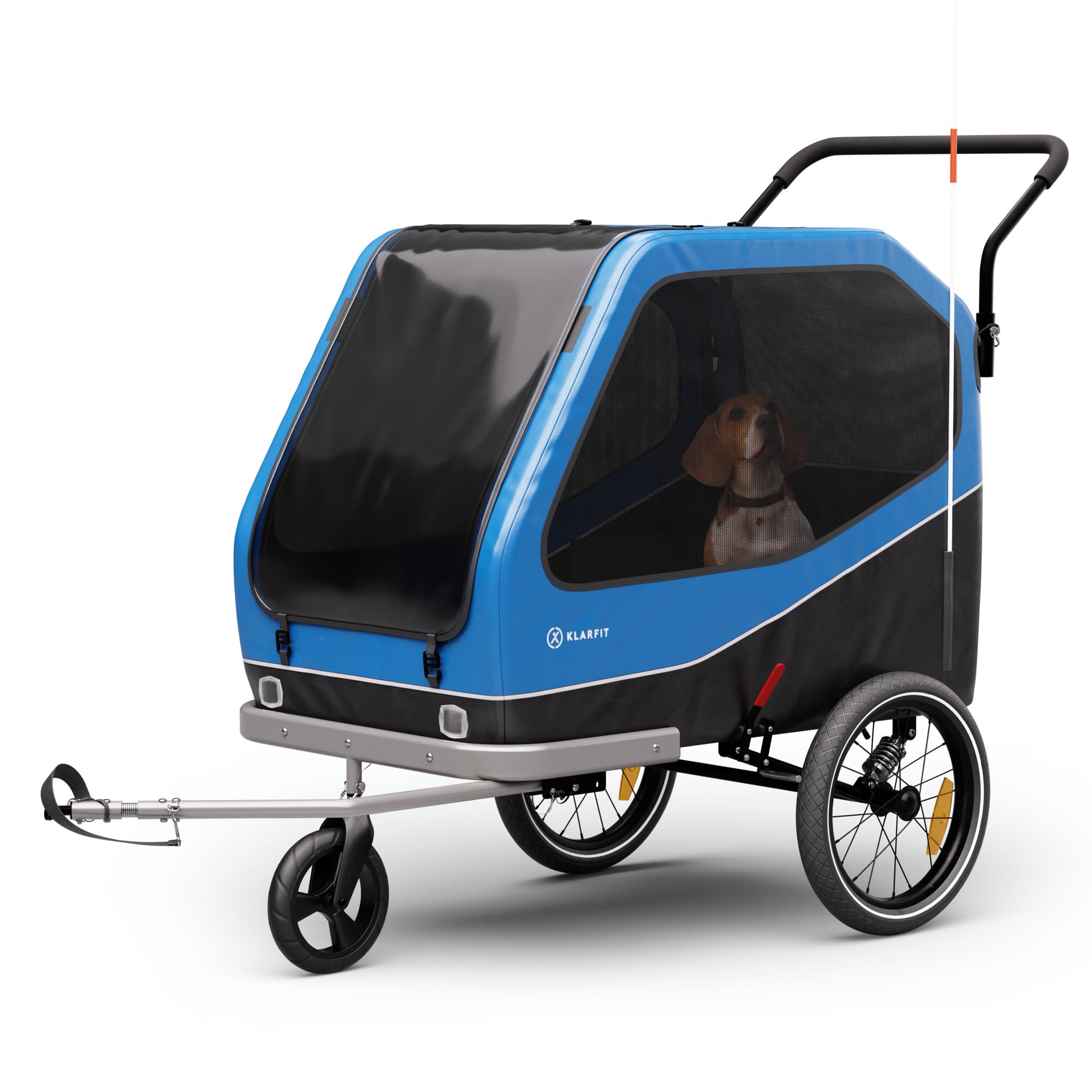 Klarfit Goldie Stroller Hunde-Fahrradanhänger, Umwandelbar in Buggy, 324 L Volumen, Wasserfest, Integrierte Bremsen & Reflektoren, Max Belastung 40 kg, Blau Haustier