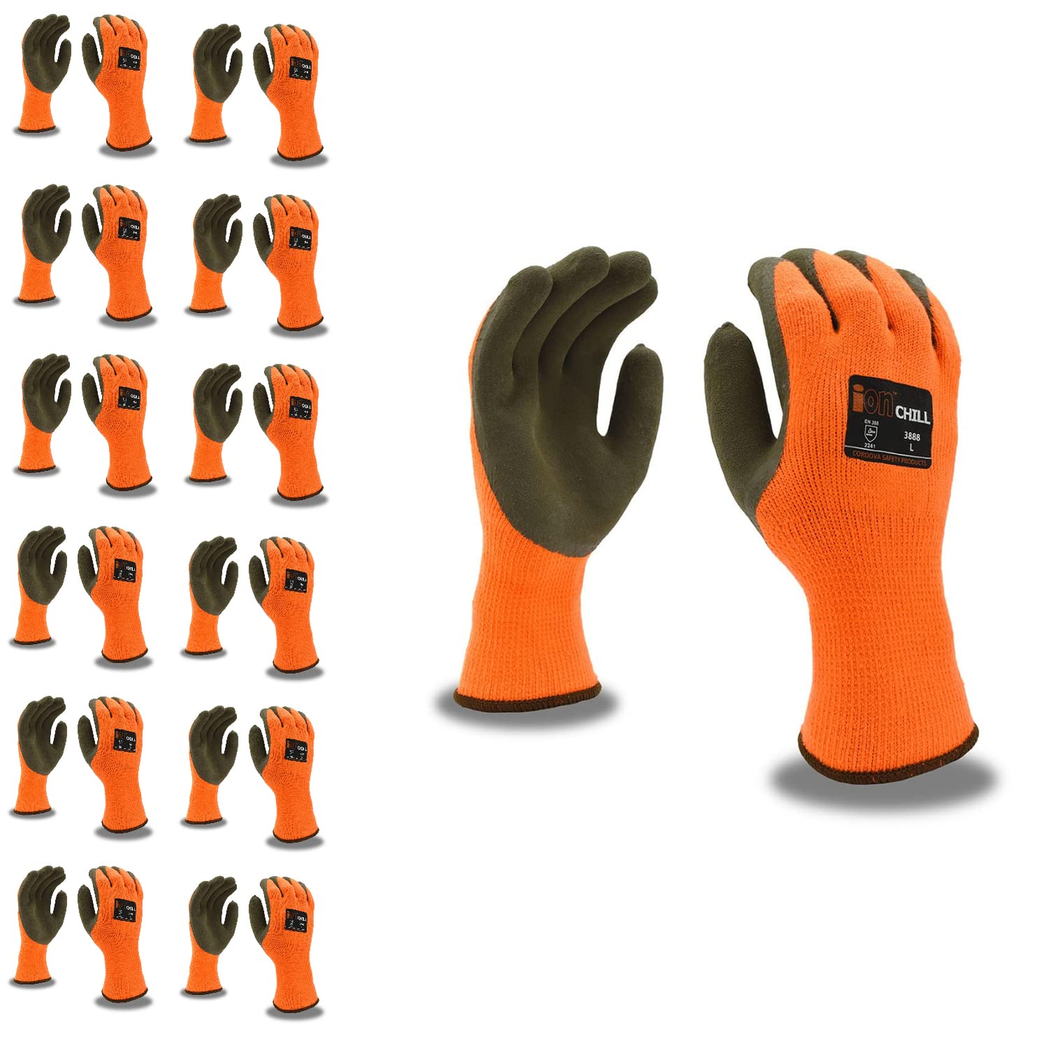 Cordova 3888M Ion Chill Gloves, 10-Gauge, Orange, Brushed, Loop-in, Acrylic Terry Shell, Sandy Latex Palm Coating, Medium, 12-Pack