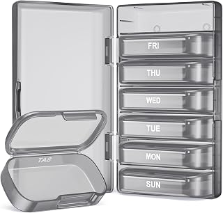PULIV Weekly Pill Organizer with Large Capacity, Dual Protection Pill Box 7 Day, Arthritis Friendly Pill Case Easy to Open, Medicine Organizer for Vitamins, Medications, Fish Oils, Supplements (Gray)