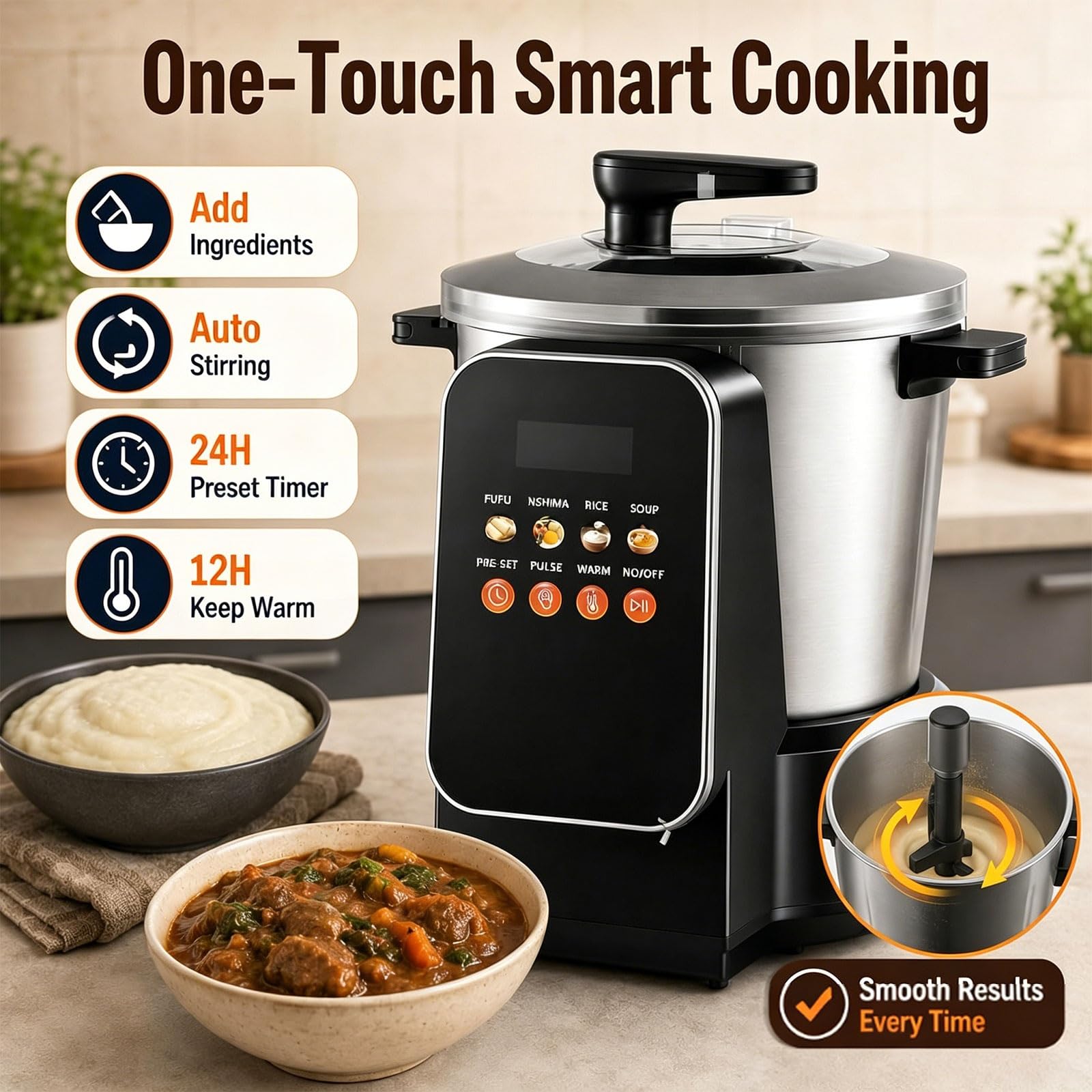 Fufu Maker 900 W, 6 l, automatyczny robot kuchenny do naczyń afrykańskich, ekran dotykowy LED, łatwy do czyszczenia, stal nierdzewna, idealny do Yam, Ugali, Amala, semoliny