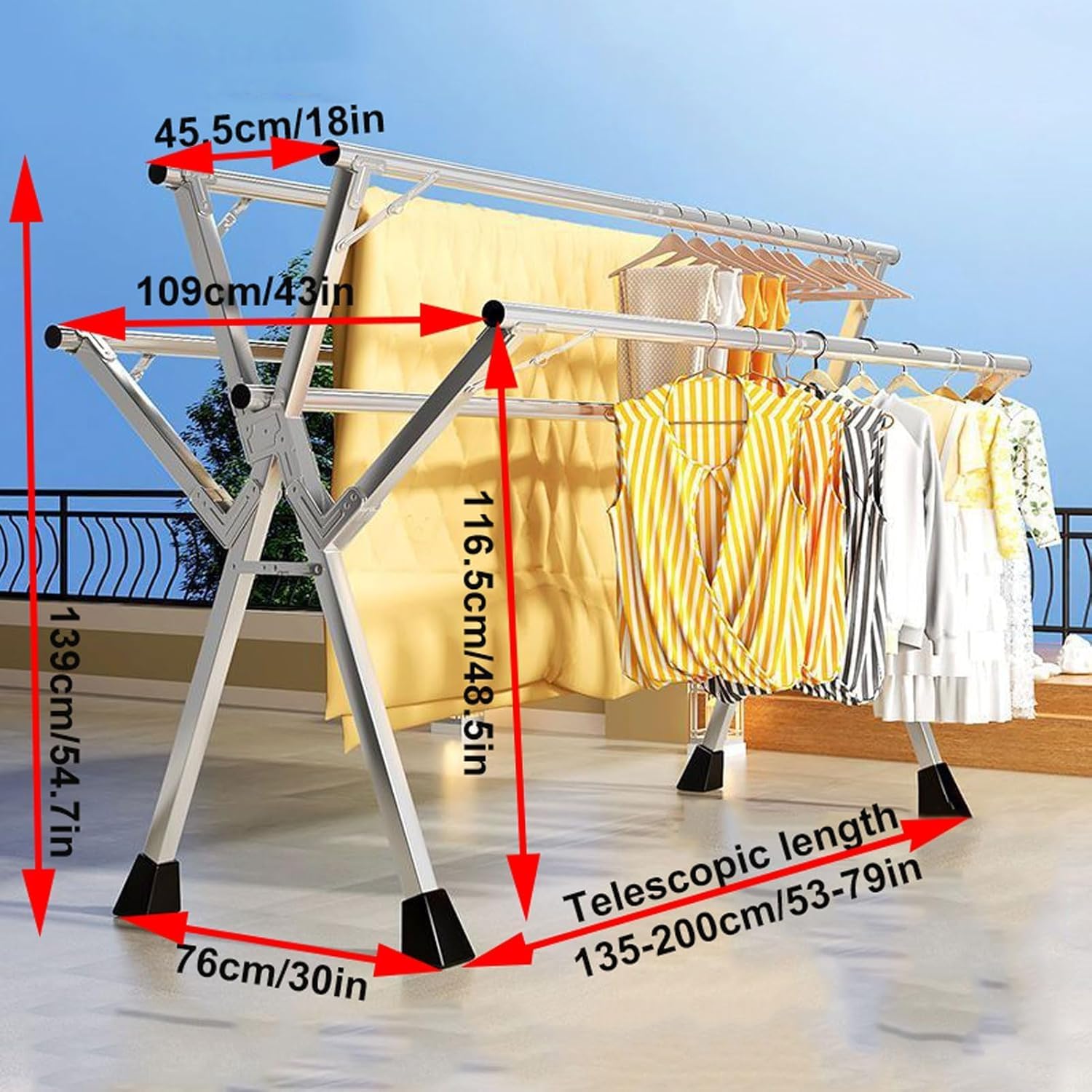 Foldable Space-Saving Clothes Rack Floor-Standing Clothes Rack Tripod Portable Rotating Clothes Rack，Heavy-Duty Stainless Steel 5-Rod Clothes Drying Rack - Foldable Space-Saving Indoor/Outdo