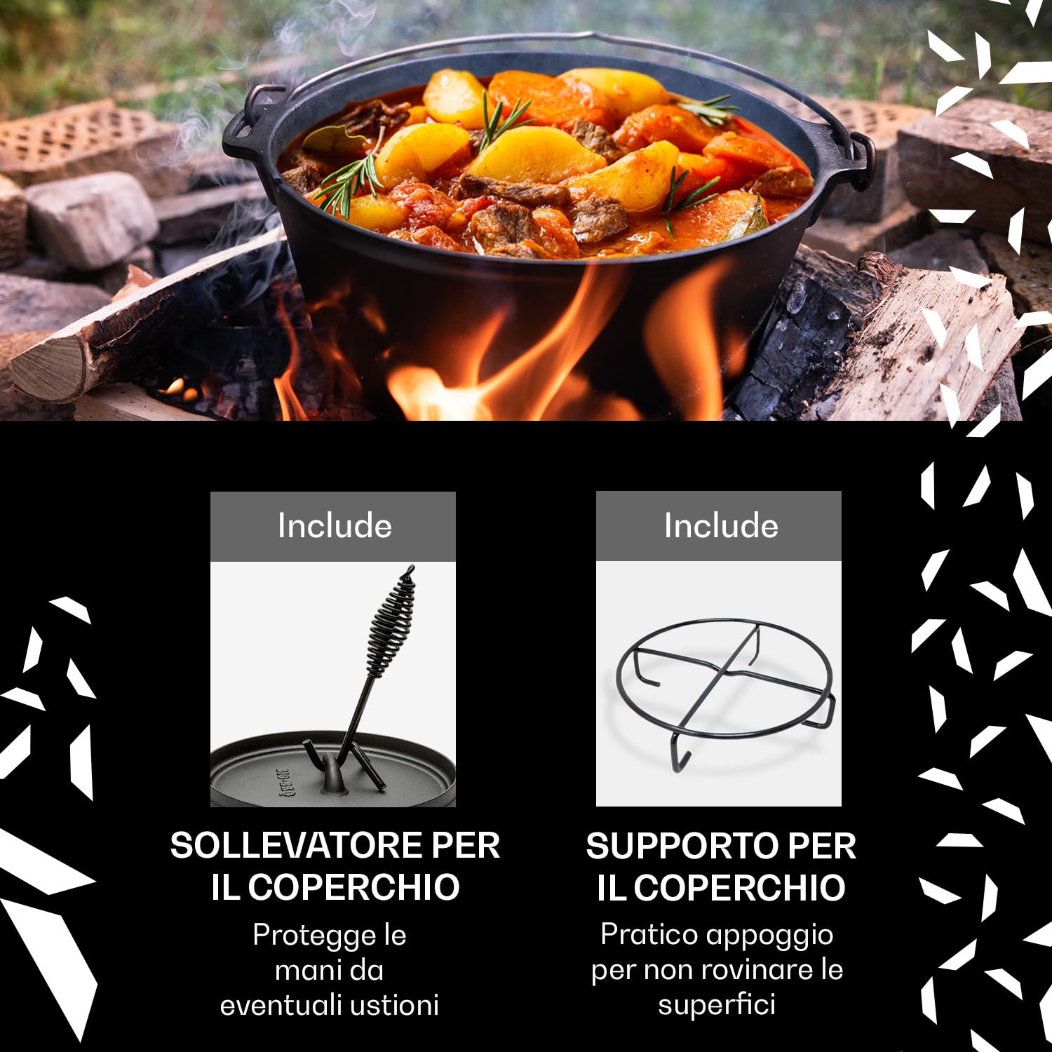 ToCi Dutch Oven Pre-Stagionato, Forno Olandese con Coperchio in Ghisa, Casseruola da Campeggio con Leva e Supporto del Coperchio, 10.7 Litri