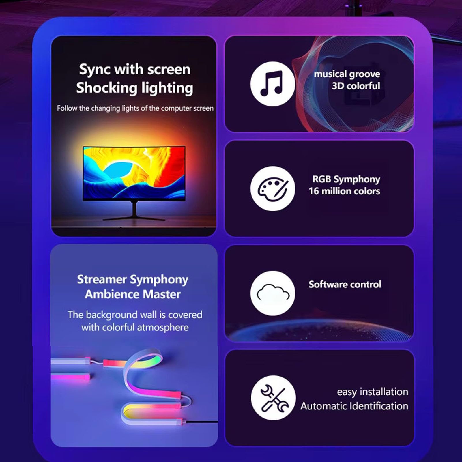 Striscia LED USB, Barra Luminosa per Computer RGB Dietro il Monitor, Sincronizzazione Musicale, per Monitor di Computer PC da 24 Pollici, Decorazione della Sala Giochi