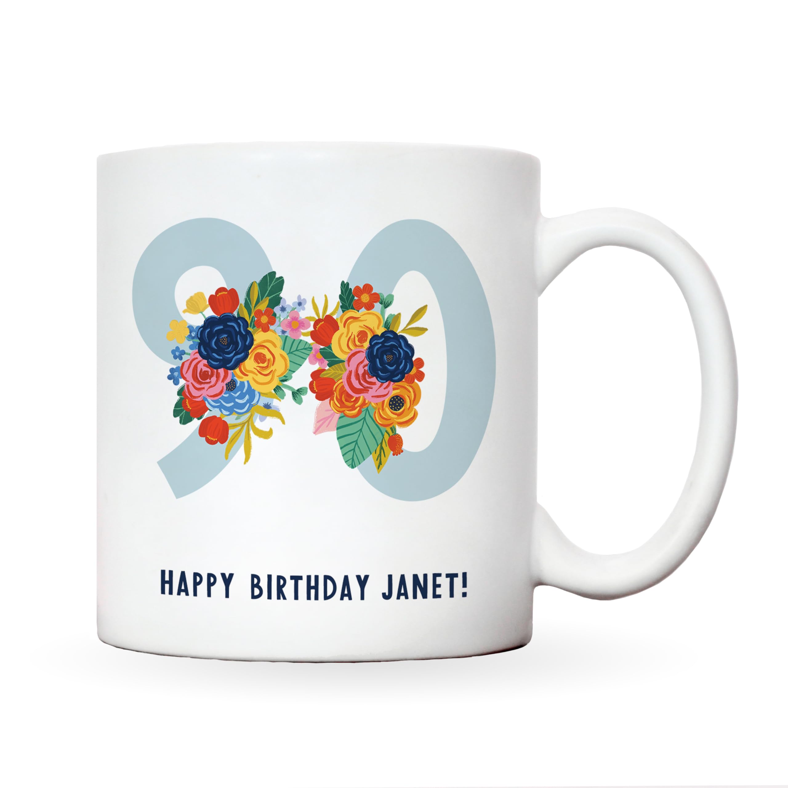 Manta Makes Personalised 90th Birthday Mug | Ninetieth Birthday Gift | 90th Birthday Tea or Coffe Mug | Floral Design | Made in The UK | Gift for her | Personalised Mug