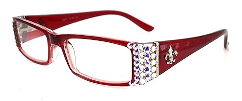 Miniatura 3 de The French, (Bling) Fleur De Lis Women Reading Glasses Adorned with (Clear + Aurora Borealis) Austrian Crystals, Magnifying (Red) Rectangular. NY