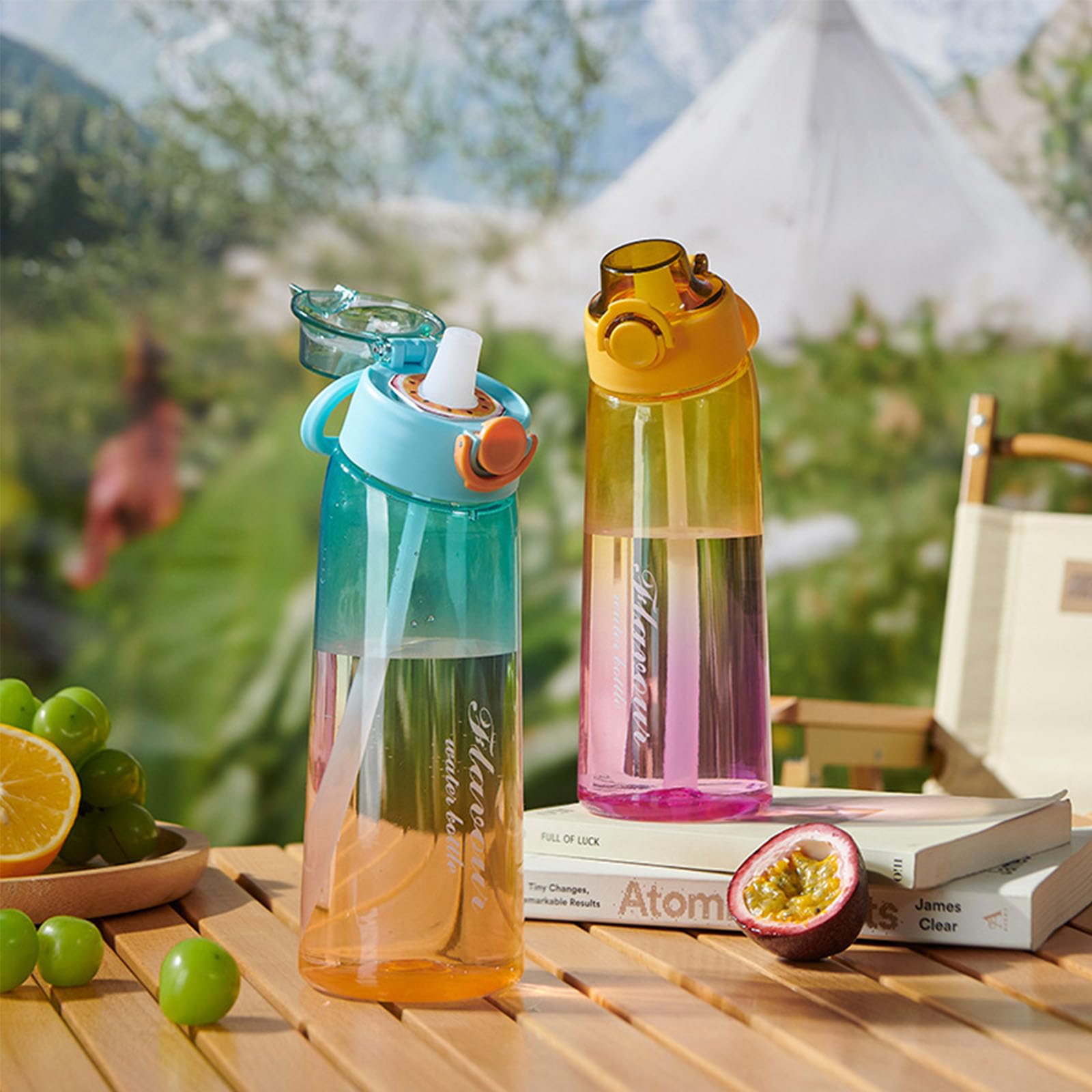 Botella con sabor, botella de agua de 900 ml, sin BPA, Tritán, botella con 7 cápsulas de sabor, ideal para correr y gimnasio al aire libre (azul, con 7 cápsulas)