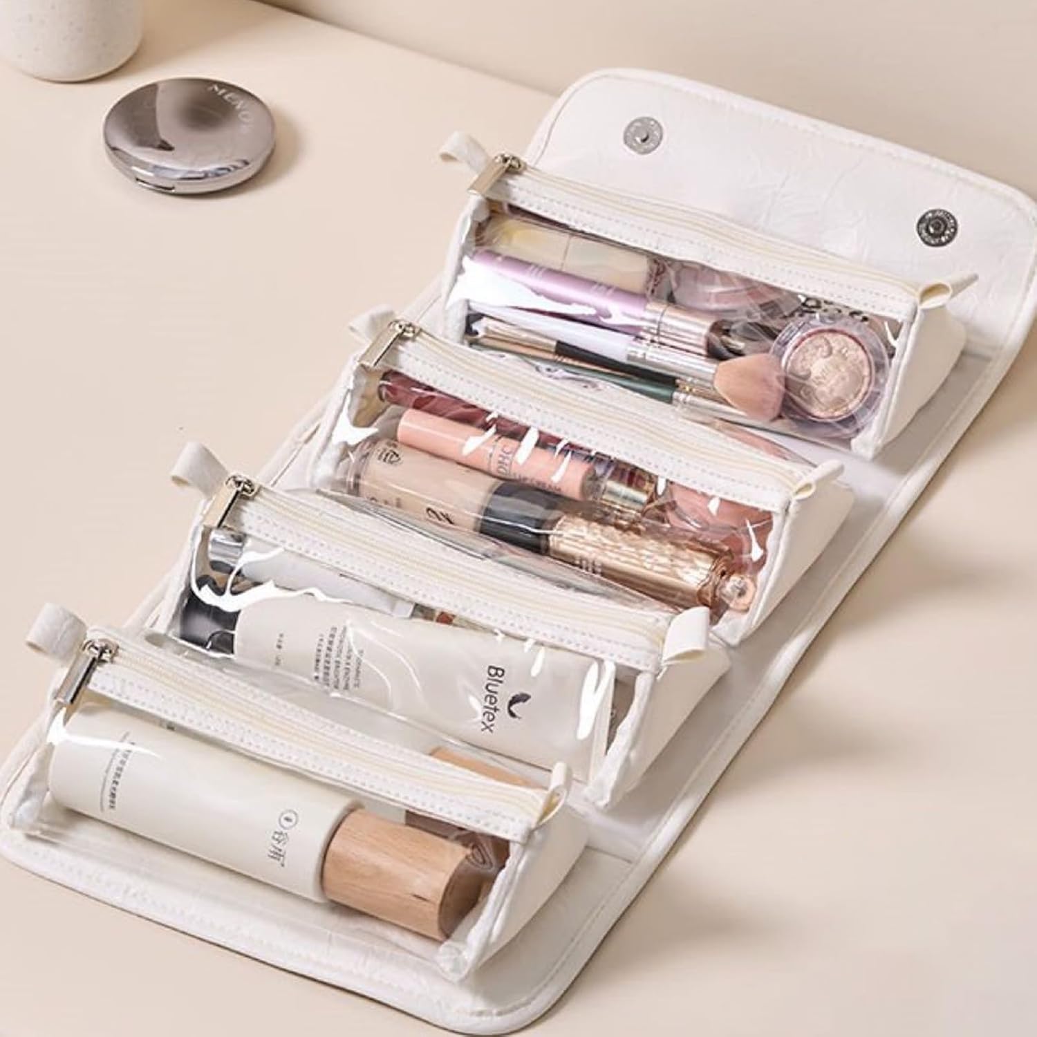 4 in 1Portable Makeup Bag with 4 Detachable Transparent Compartments - Waterproof Leather Foldable Large-Capacity Travel Cosmetic Organizer - Image 2