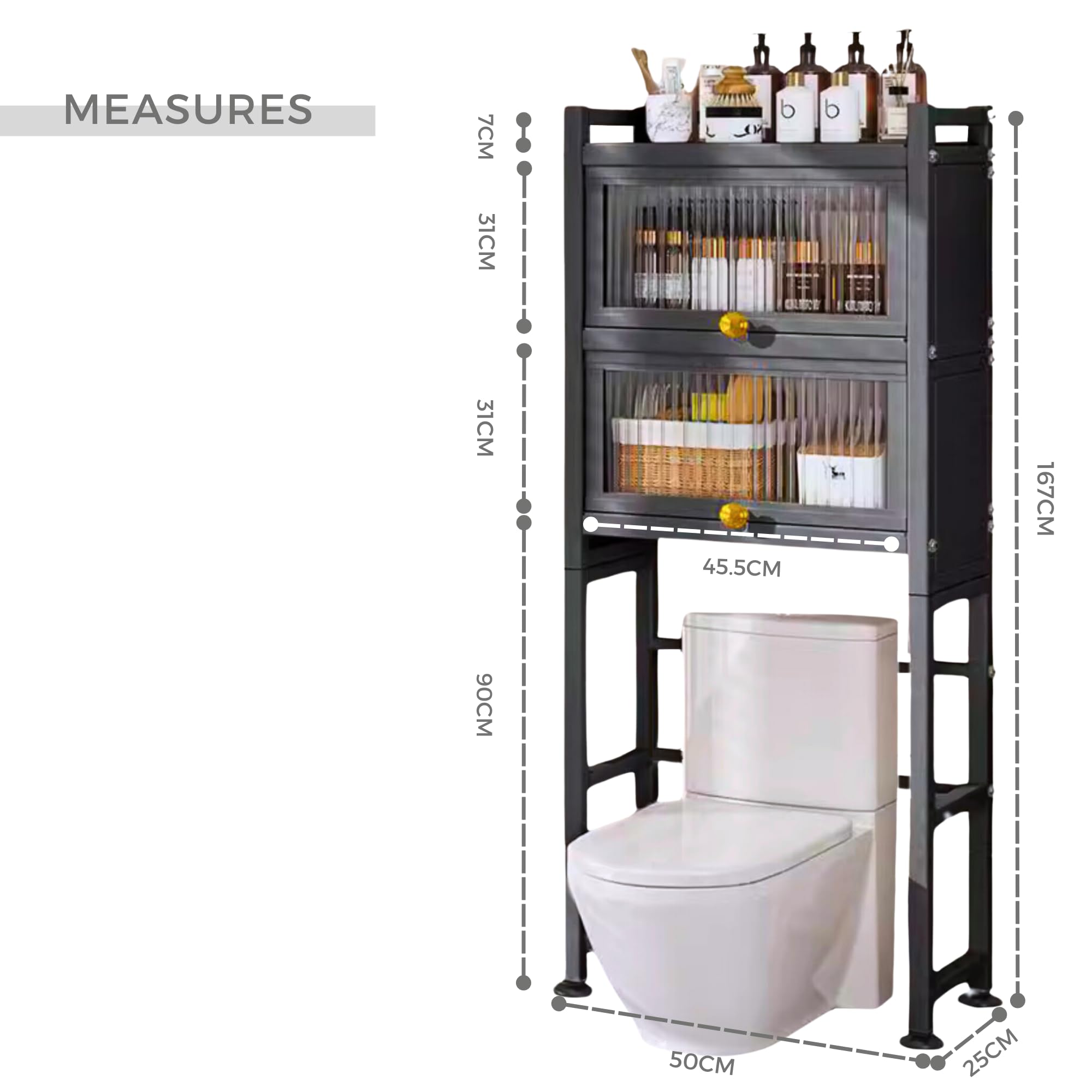 MAGIC SELECT Estantería sobre Inodoro con Puertas Abatibles | Estante de WC Organizador Multiusos | Estantería de Almacenamiento de Baño | Ahorra Espacio con 3 Niveles | Patas Ajustables en Altura.