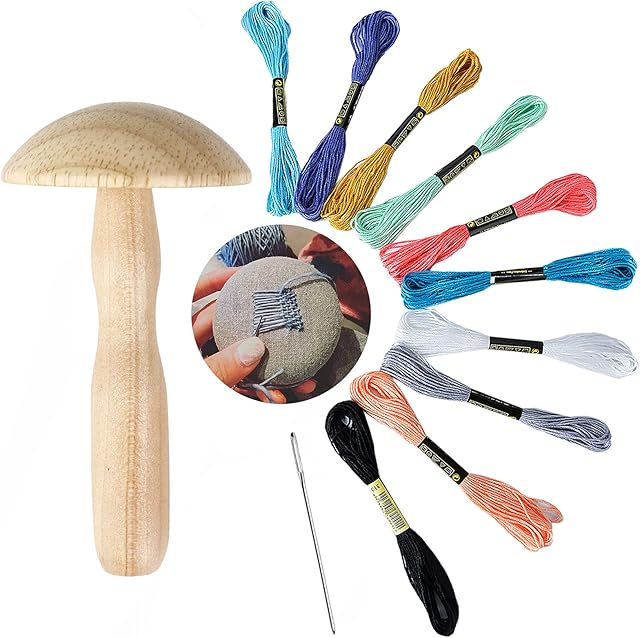 JUSTDOLIFE Embroidery Kit Darning Supplies Kit Cute Wood Darning Mushroom Needle Thread Set for Socks, Clothes, Home DIY Hand Sewing