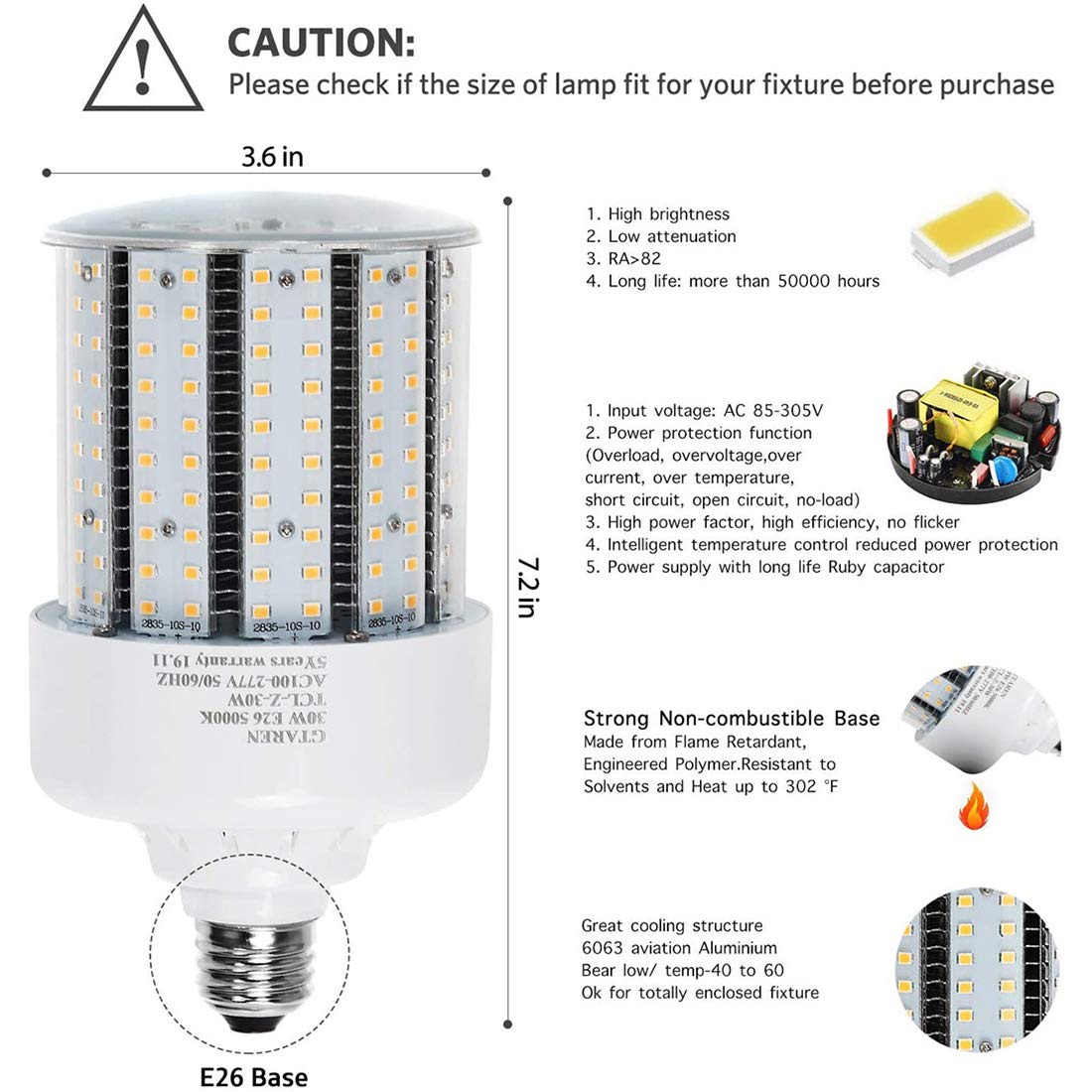Bombillas LED De Maíz E26 Casquillo E39 300 Vatios Equivalente A 5000K LED Reemplaza La Lámpara De Haluro Metálico HID CFL HPS De 70-100W Adecuada para Almacén,50w