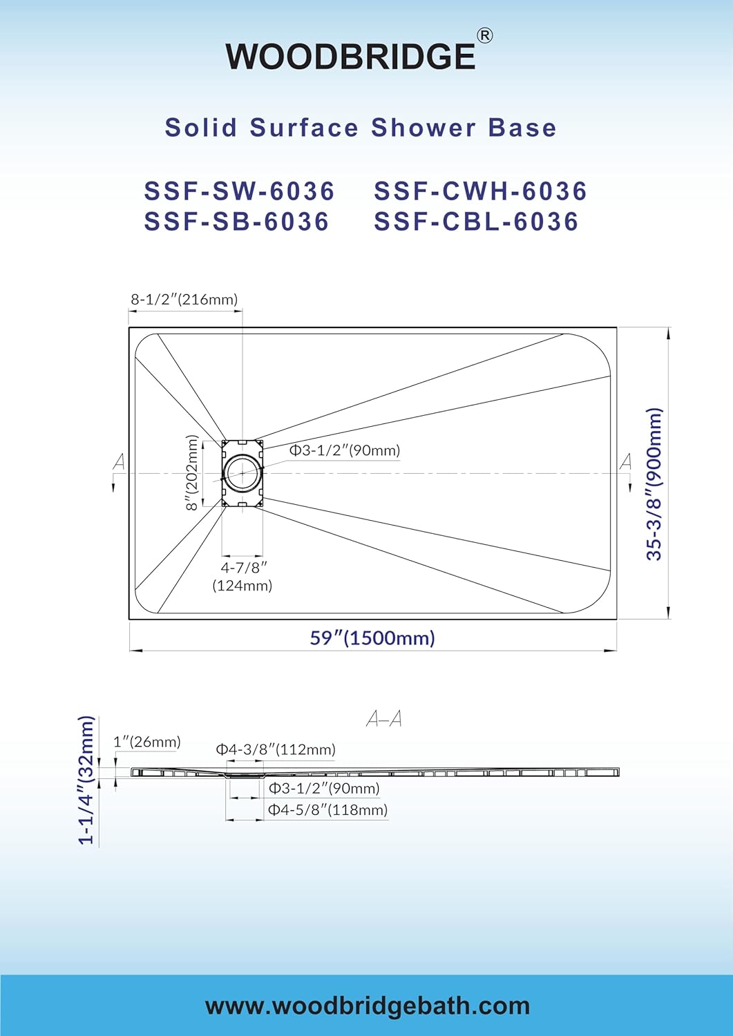 WOODBRIDGE 59 in L x 35.4 in W Zero Threshold End Drain Shower Base with Reversible Drain Placement, Matching Decorative Plate and Tile Flange, Wheel Chair Access, Low Profile, Black