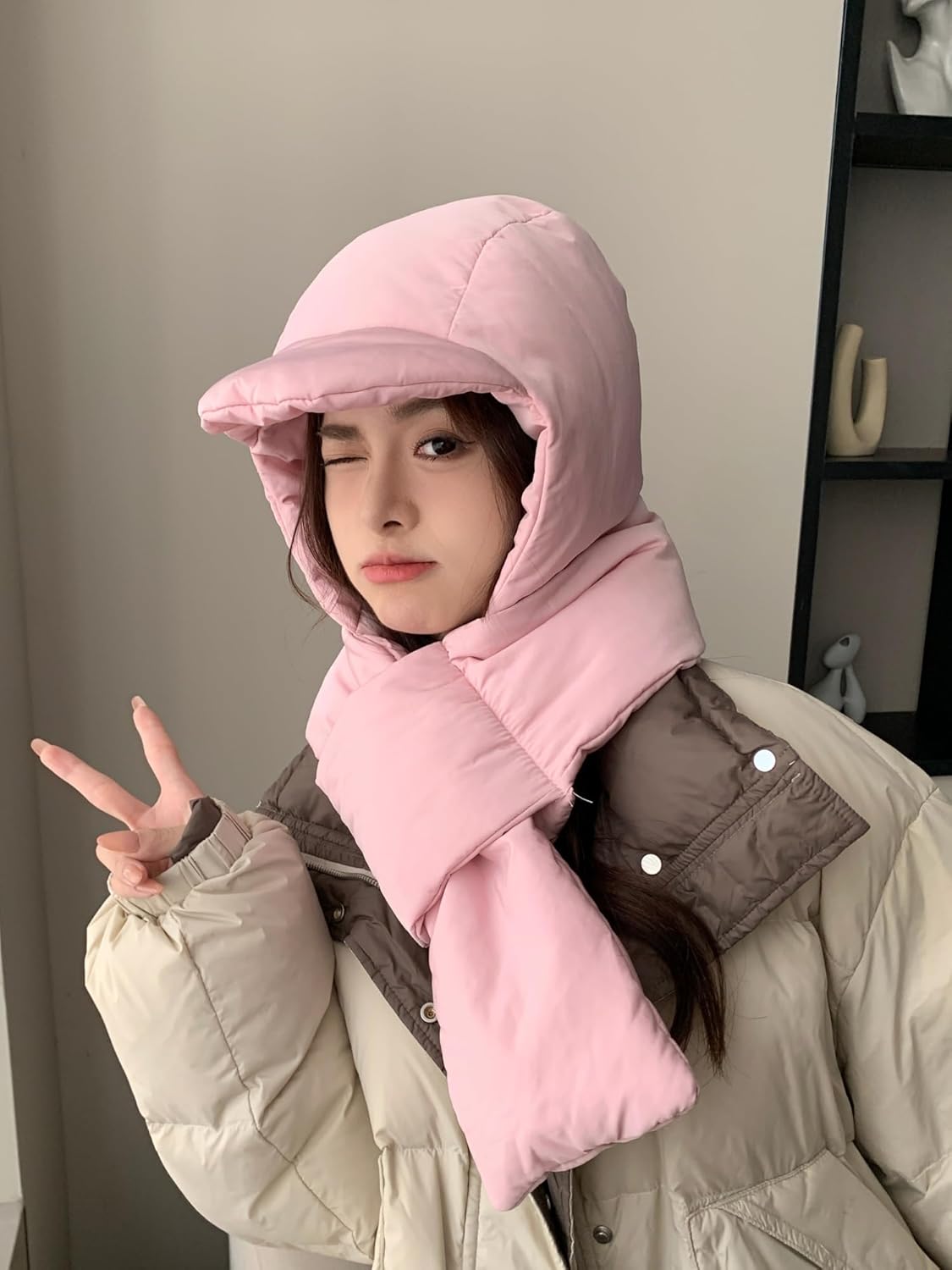 2024 Winter Down Cotton Hat Windproof Hooded Scarf Peaked Cap Set Soft Warm Balaclava Skull Cap Earflap Beanie Hat(Pink)