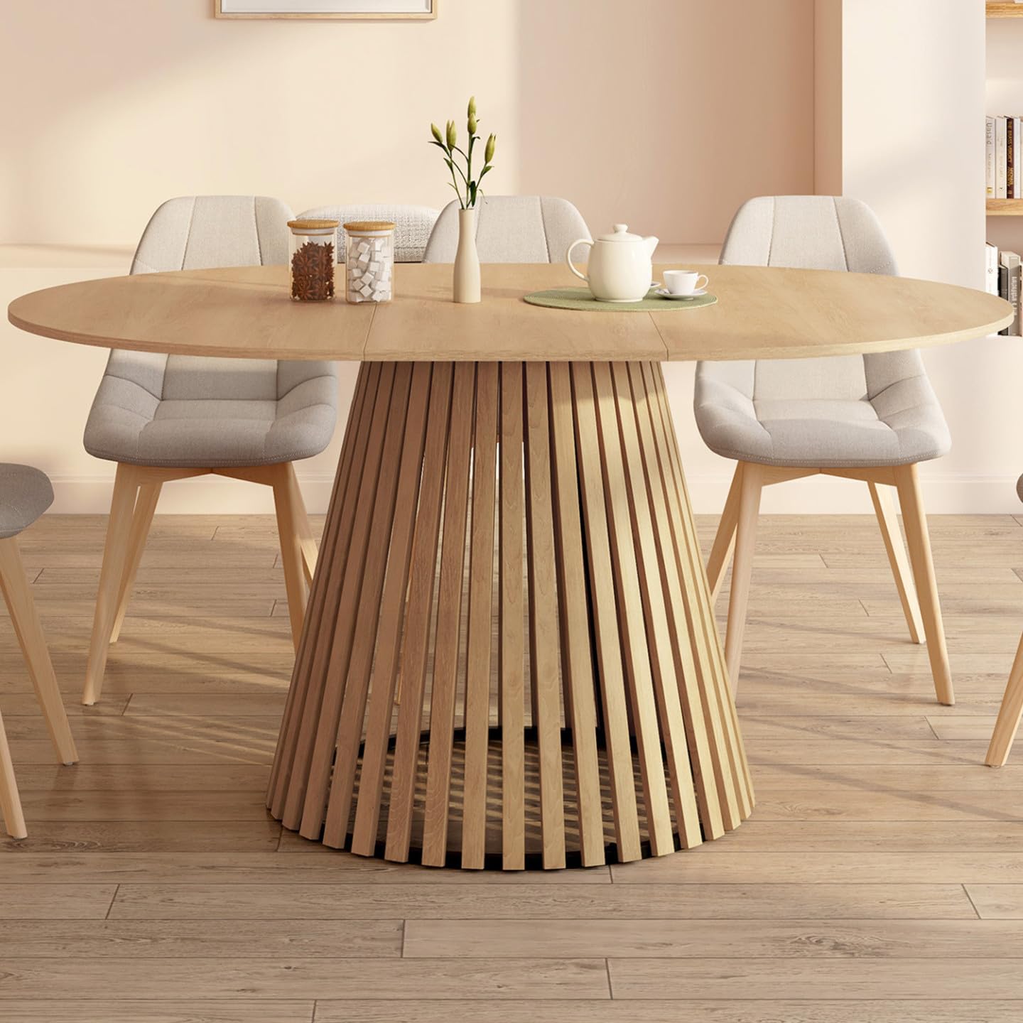IDMarket - Ausziehbarer runder Esstisch Carmen 4-8 Personen Holzfuß aus Latten und Holzplatte 110-150 cm