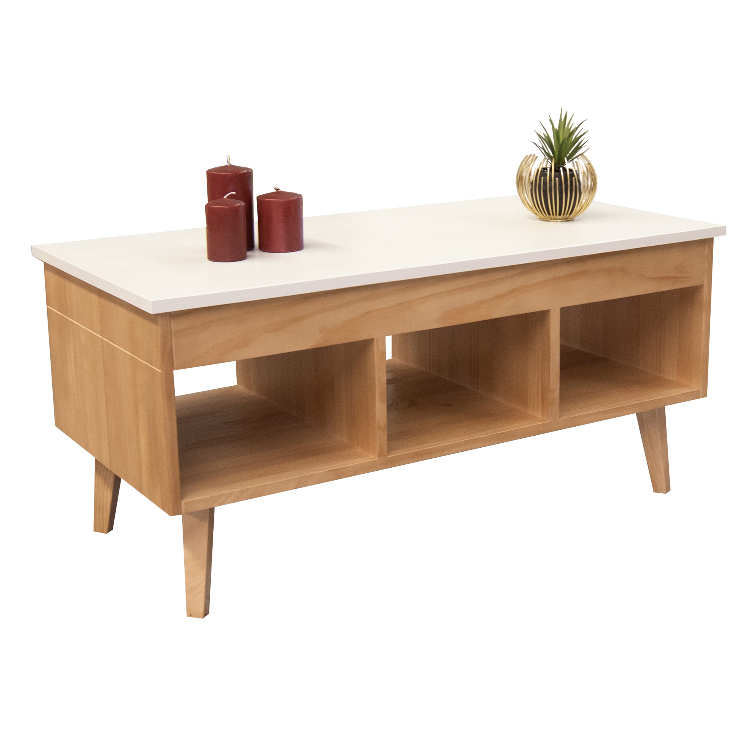 LoMasCasa - Mesa de Centro Salón Elevable Colección Karla 11 en Madera Maciza de Pino Natural Ecológica Estilo Nórdico en Color Madera y Blanca con Tres Huecos y Medidas 100x50x47 cm