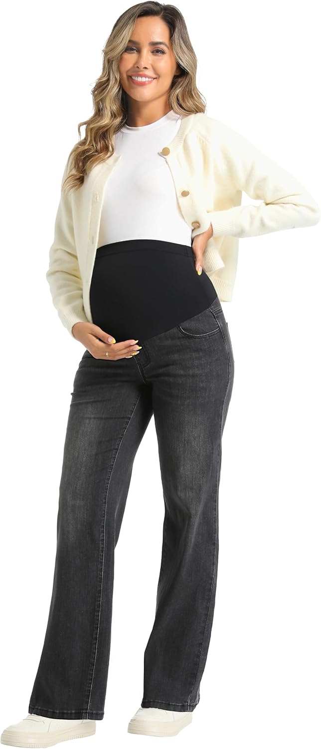 V VOCNI Women's Maternity Jeans Straight Leg Stretchy Pregnancy Jeans Wide Leg Denim Work Pants - Image 6