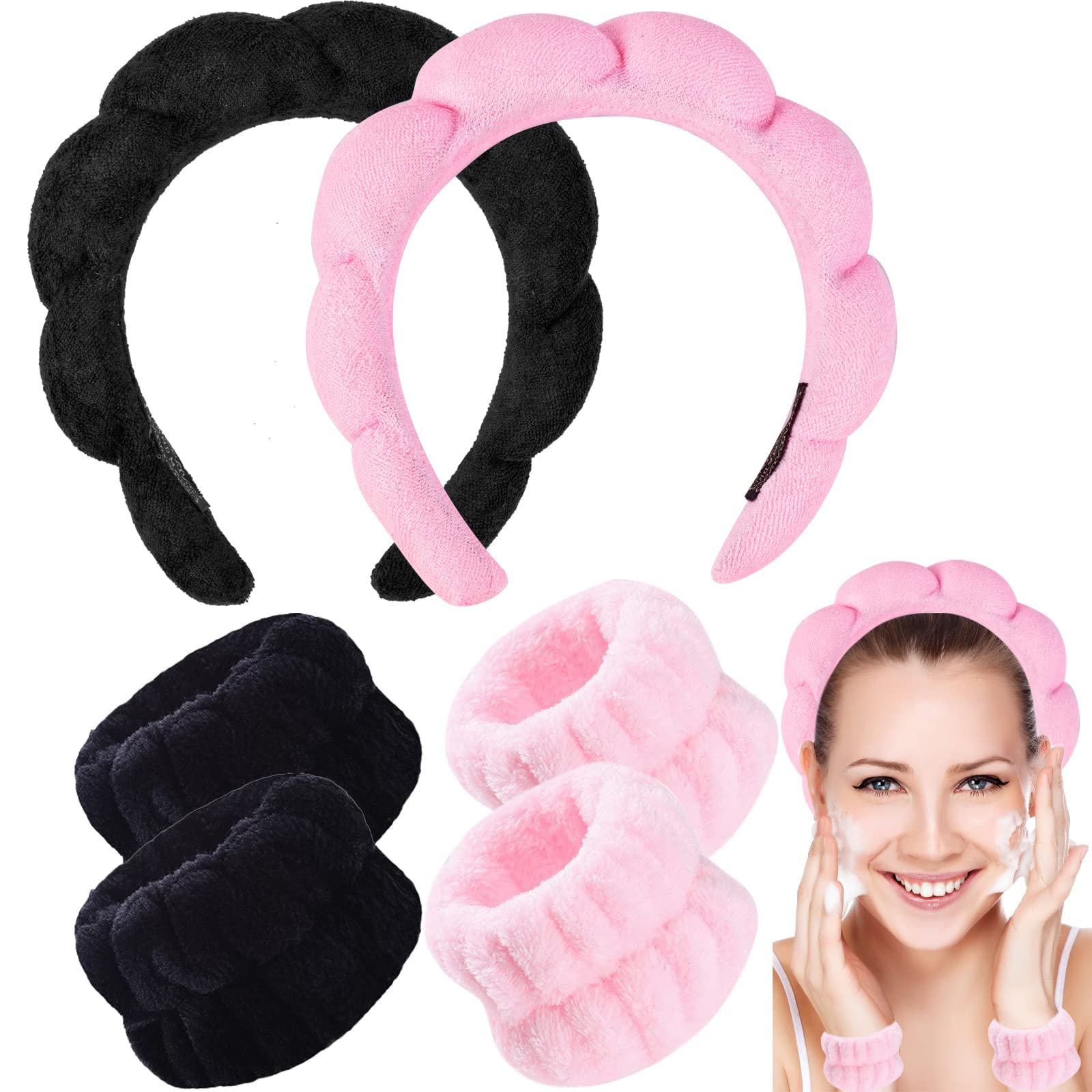 NerienHairband - Fluffy Sponge Headbands for Women, 2-Piece Set, with 4 Wrist Bands for Washing Face, Skincare Hairband for Shower, Makeup Hairband for Facial Mask