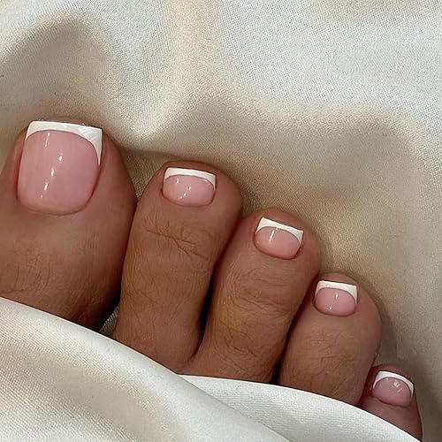 24 PCS French Tip Toe Press on Nails, Reusable Acrylic