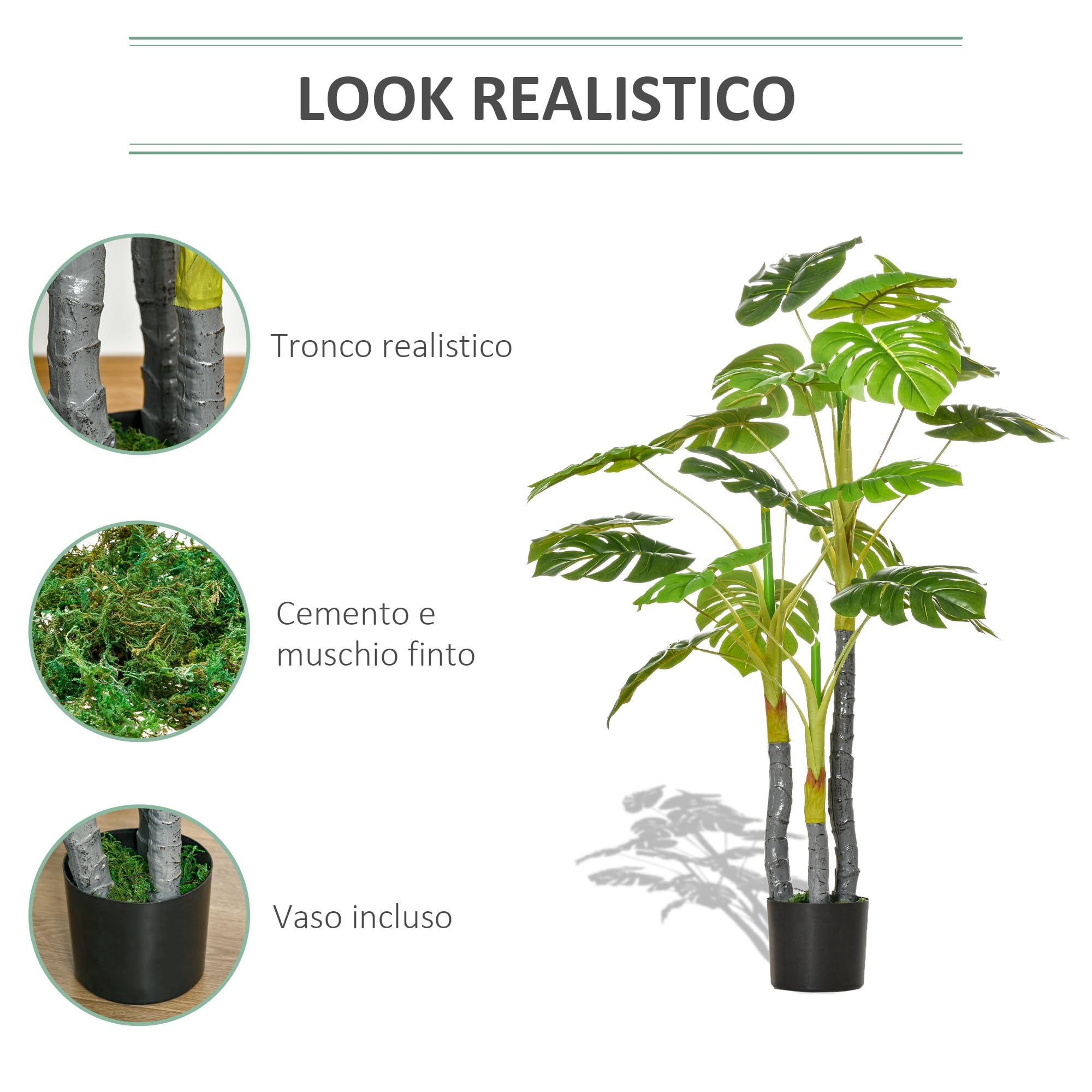 HOMCOM Planta Artificial 120 cm Monstera Artificial con 20 Hojas Verde