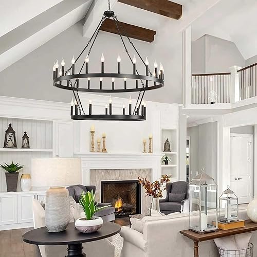 Miniatura 2 de celimi Candelabro negro de 2 niveles de 48 pulgadas, 36 luces, lámpara colgante grande de granja, iluminación colgante rústica para techos altos,