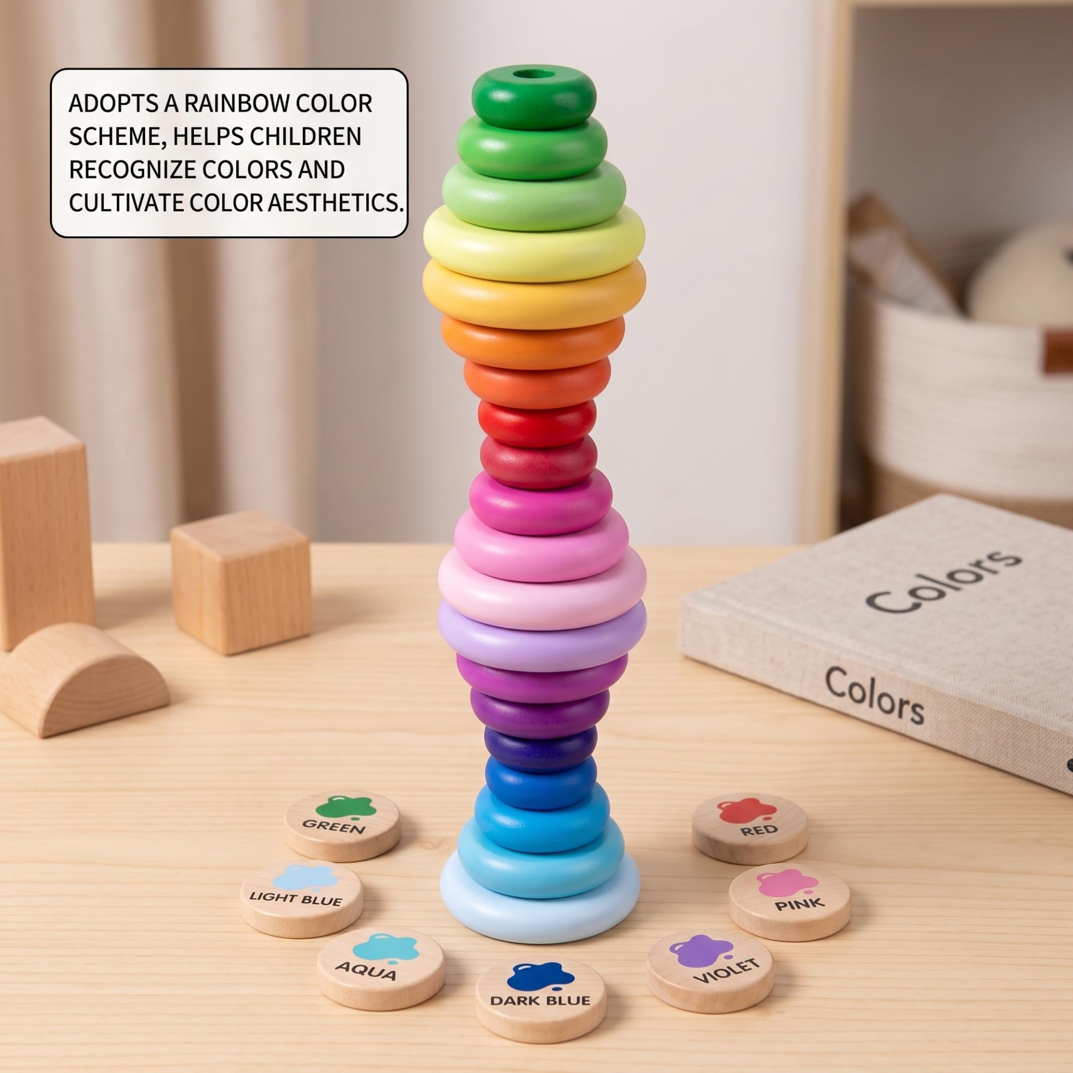 Juguetes apilables para niños pequeños de 1 a 3 años, Bloques de Madera para niños pequeños de 1 a 3 años – Juego Creativo de Piedras apilables de Madera de arcoíris