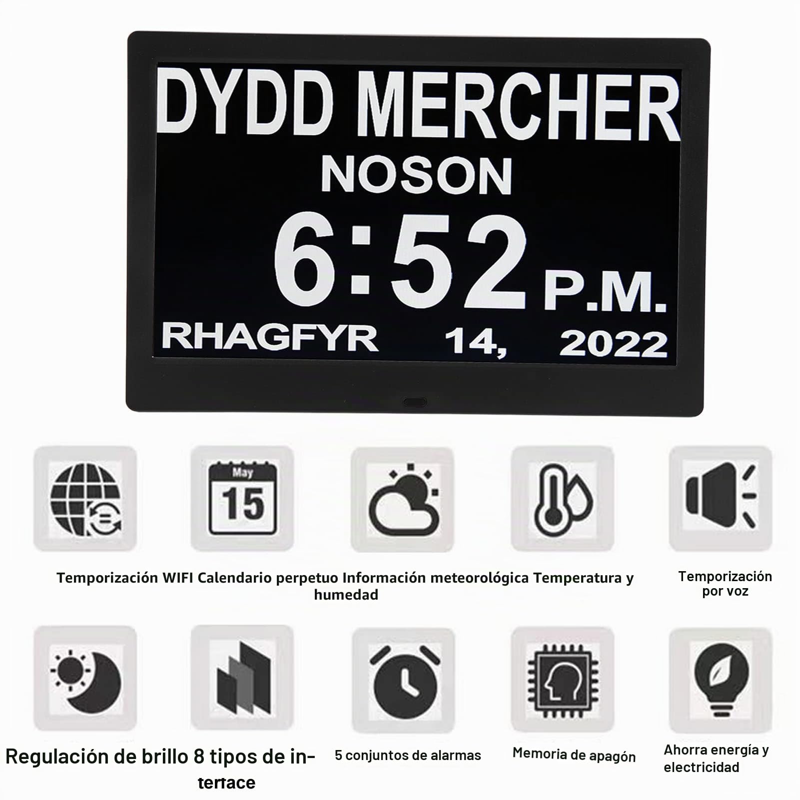 Fockety Reloj digital grande de 10 pulgadas para demencia con 5 alarmas personalizadas, calendario digital regulable, con día y fecha para enfermedades (enchufe europeo)