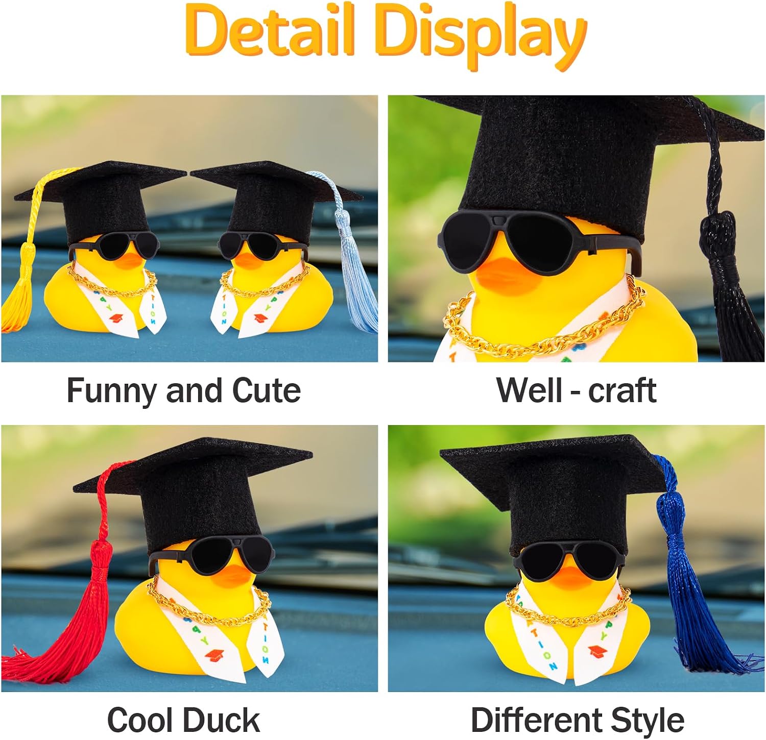 wonuu Graduation Stole Rubber Ducks, Dashboard Decorations Duck for Car Ornament Accessories with Hat Sunglasses Sash Chain (Black)