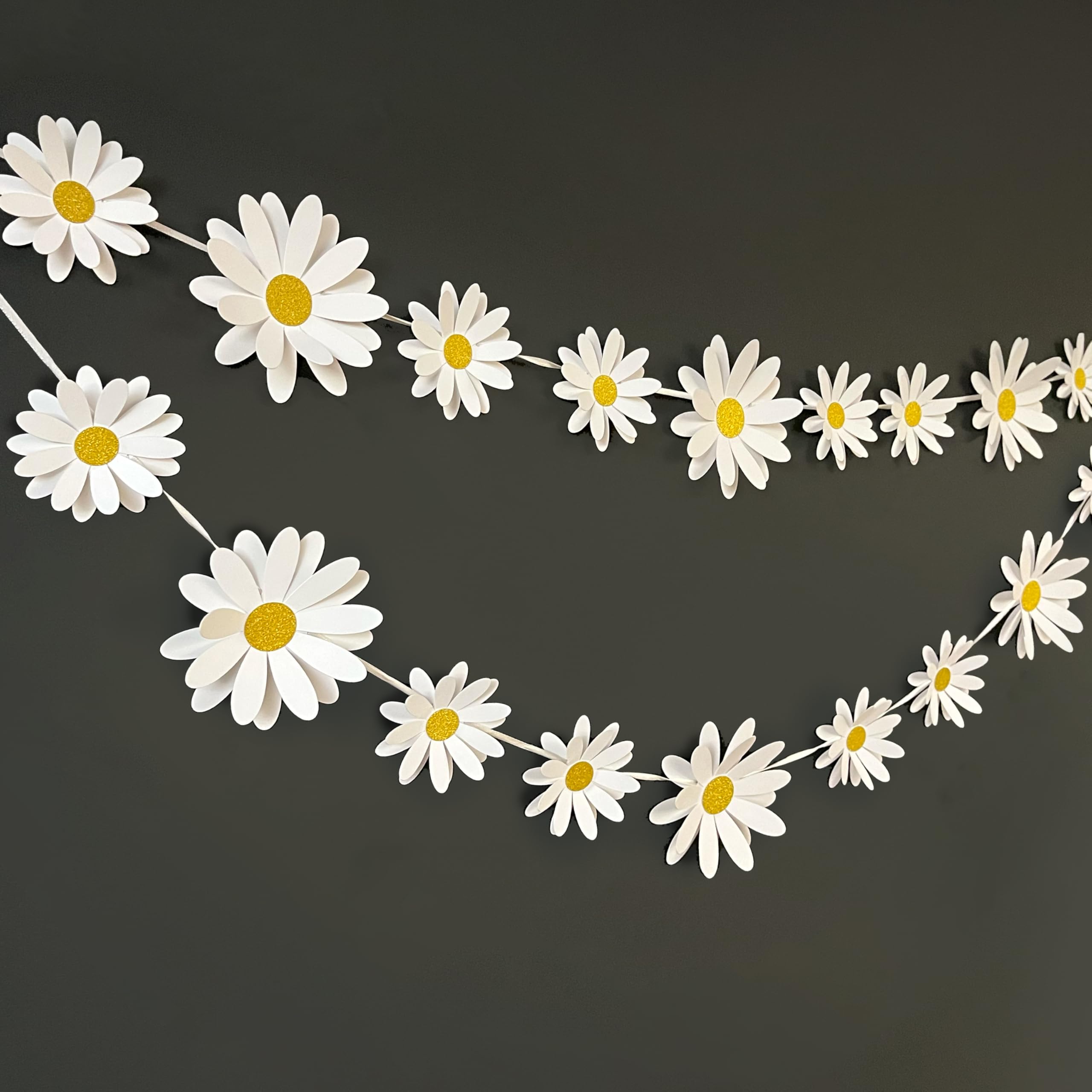 Sky Goodies White Daisy Paper Flowers for Decoration. Included 18 Paper Flowers, Needle 10 feet Satin Ribbon for Flower Garland and Sticky Foam Squares for Wall Decor
