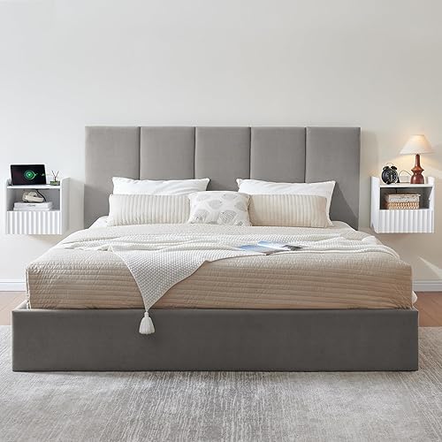 Miniatura 9 de Moderna mesita de noche flotante acanalada montada en la pared, juego de 2 mesitas de noche con cajón de almacenamiento y estante de exhibición,