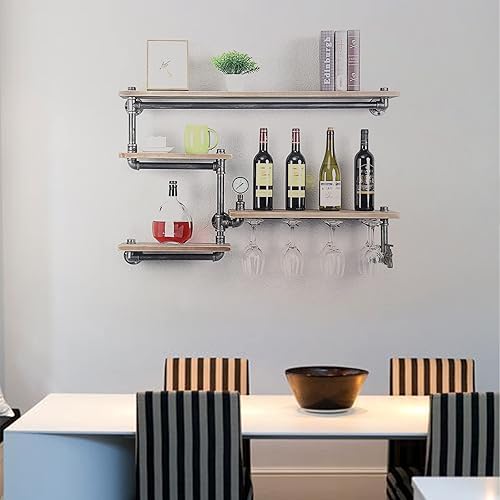 Miniatura 2 de Estante de vino montado en la pared, estantes industriales para vino, montado en la pared con soporte para vidrio de 4 vástagos, soporte de