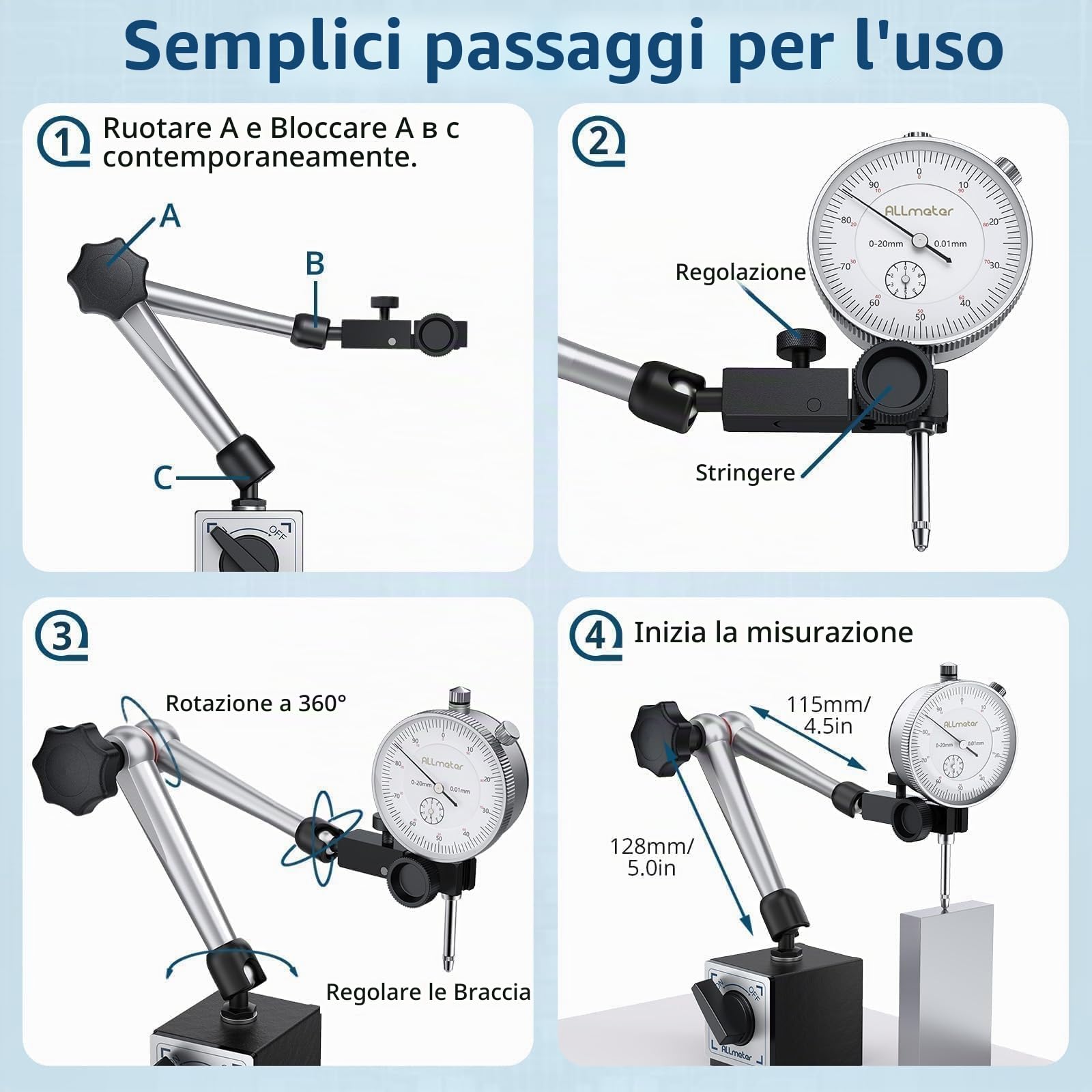 Comparatore di Precisione 0-20mm Centesimale Meccanico a Quadrante e Base Magnetica, Set Indicatore Metrico in Acciaio Inox + Staffa Braccio Regolabile Porta Quadrante Max Pull 80KG