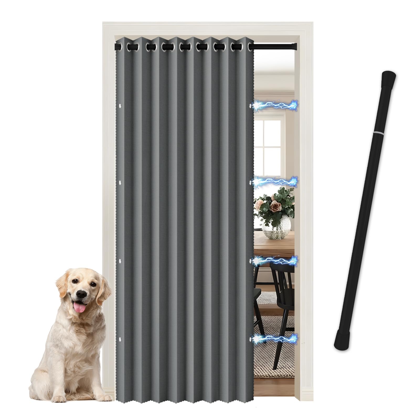 Cortina de Puerta Magnética Opaca - Incluye Barra Telescópica Ajustable Cocina, como Cortina Separadora de Habitaciones, Cortina para Armario sin Puertas y Dormitorio, Gris