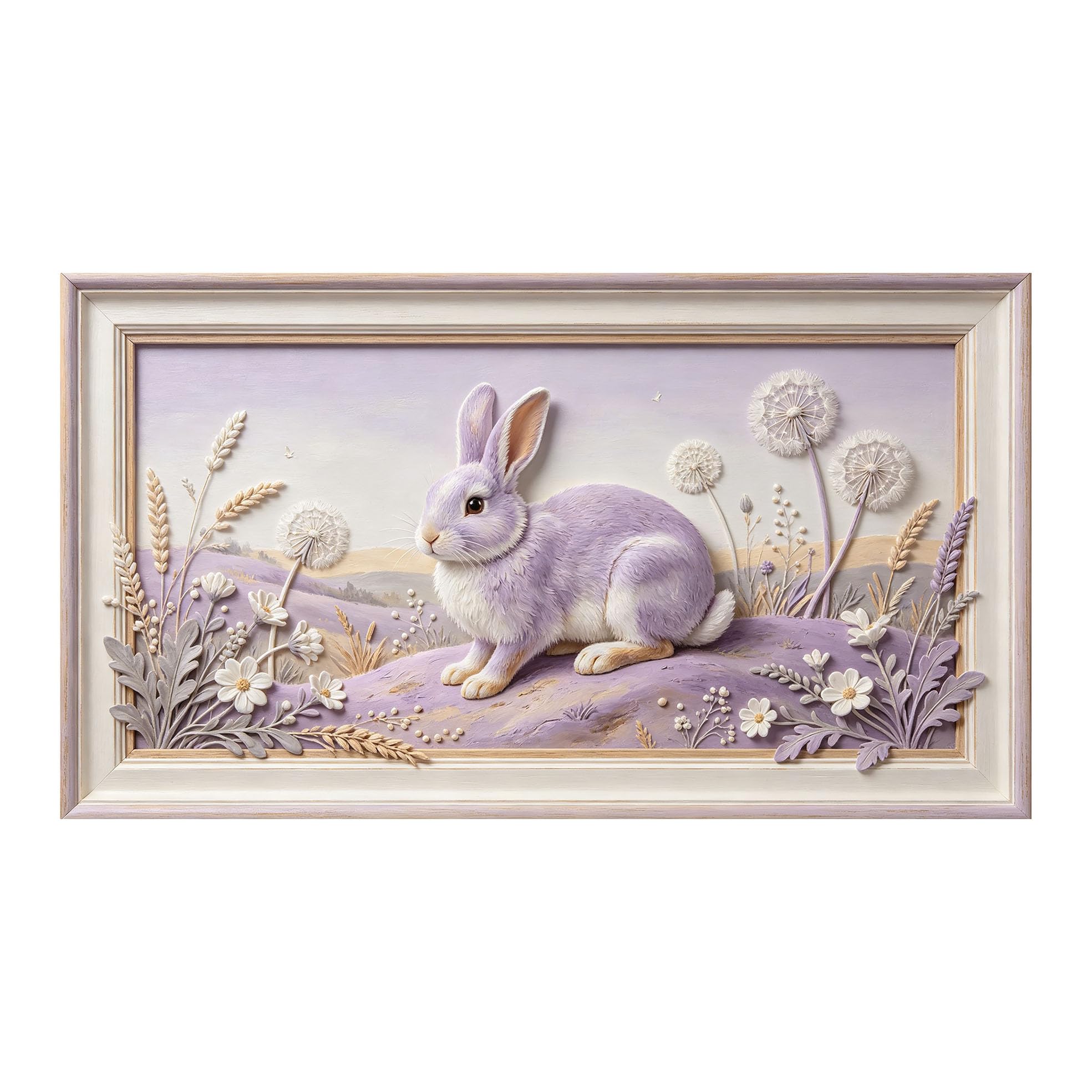 Murasolite 3D 3D Framed Wall Art 50cm×90cm Lavender Rabbit Pastoral Meadow Relief Effect SelfAdhesive Fabric Mural Wall Decor, Peel and Stick No Damage to Wall for Bedroom Living Room