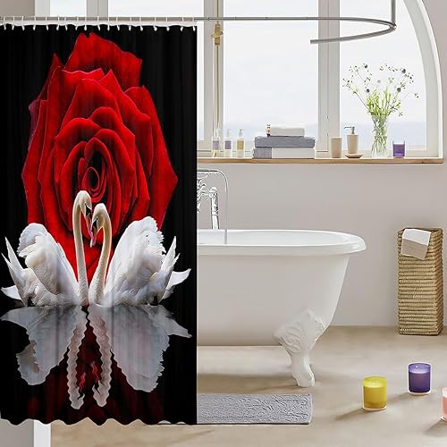 Miniatura 3 de Cortina de ducha de rosa roja, cortina de baño de cisne blanco, juego de cortina de ducha impermeable con pájaros, accesorios de baño de flores