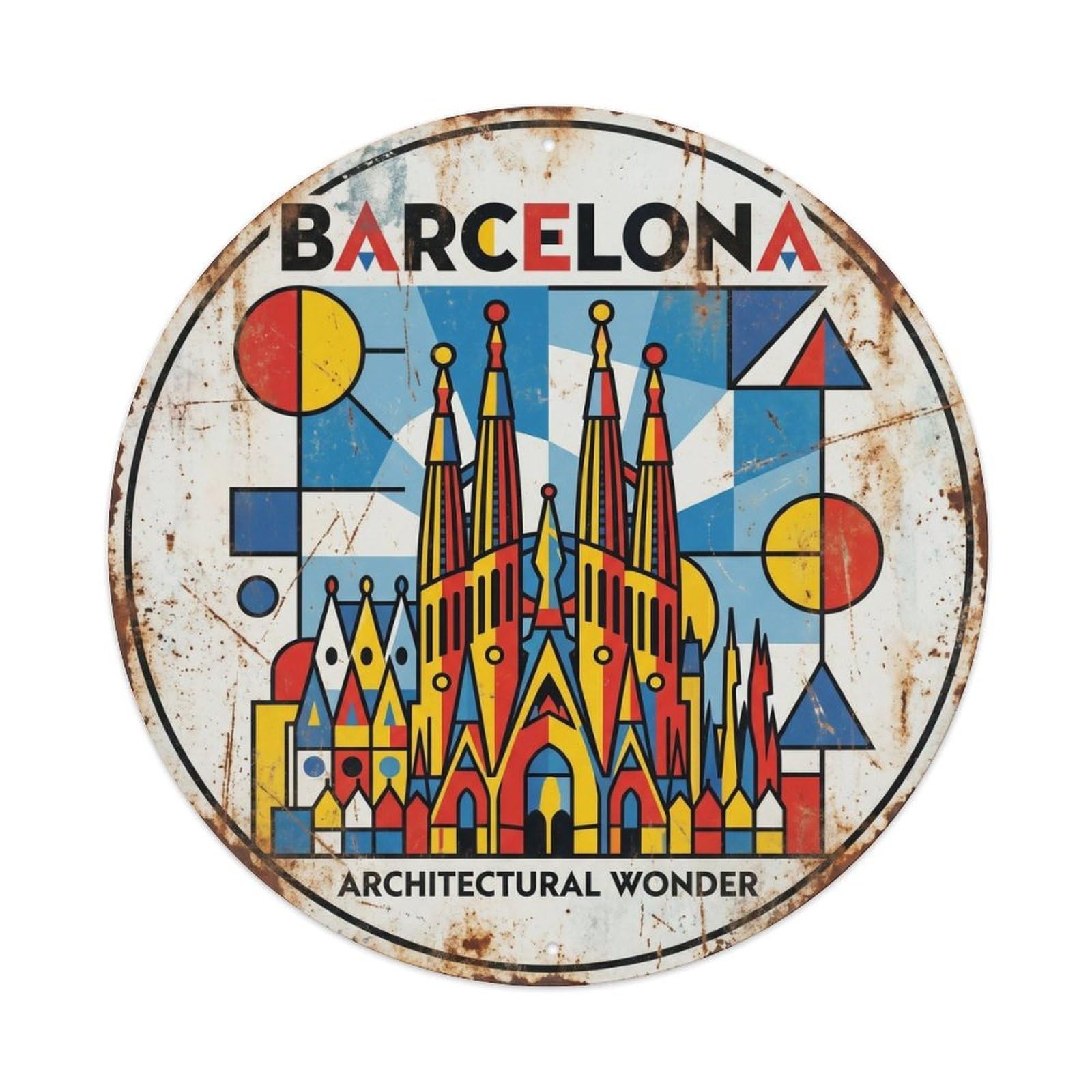 Vintage Travel Barcelona Spain Cathedral Vintage Metal Tin Sign Plaque Wall Decor for Cafe, Club, Garden Round Metal Poster 8x8Inch