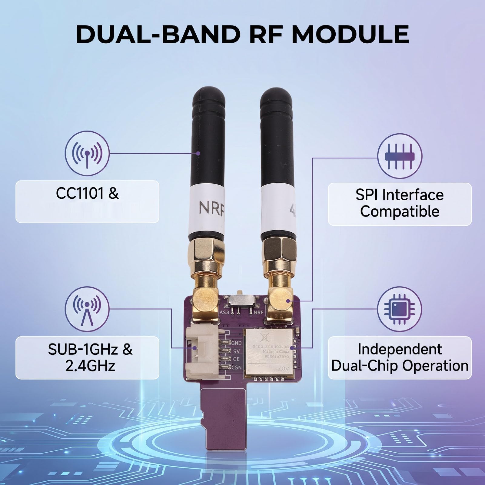 Modulo RF Dual Band, Scheda Wireless 2 in 1 con Interfaccia SPI | Design a doppio chip CC1101 e NRF24L01, interfaccia SPI standard, copertura a doppia banda, per spaziatura dei pin