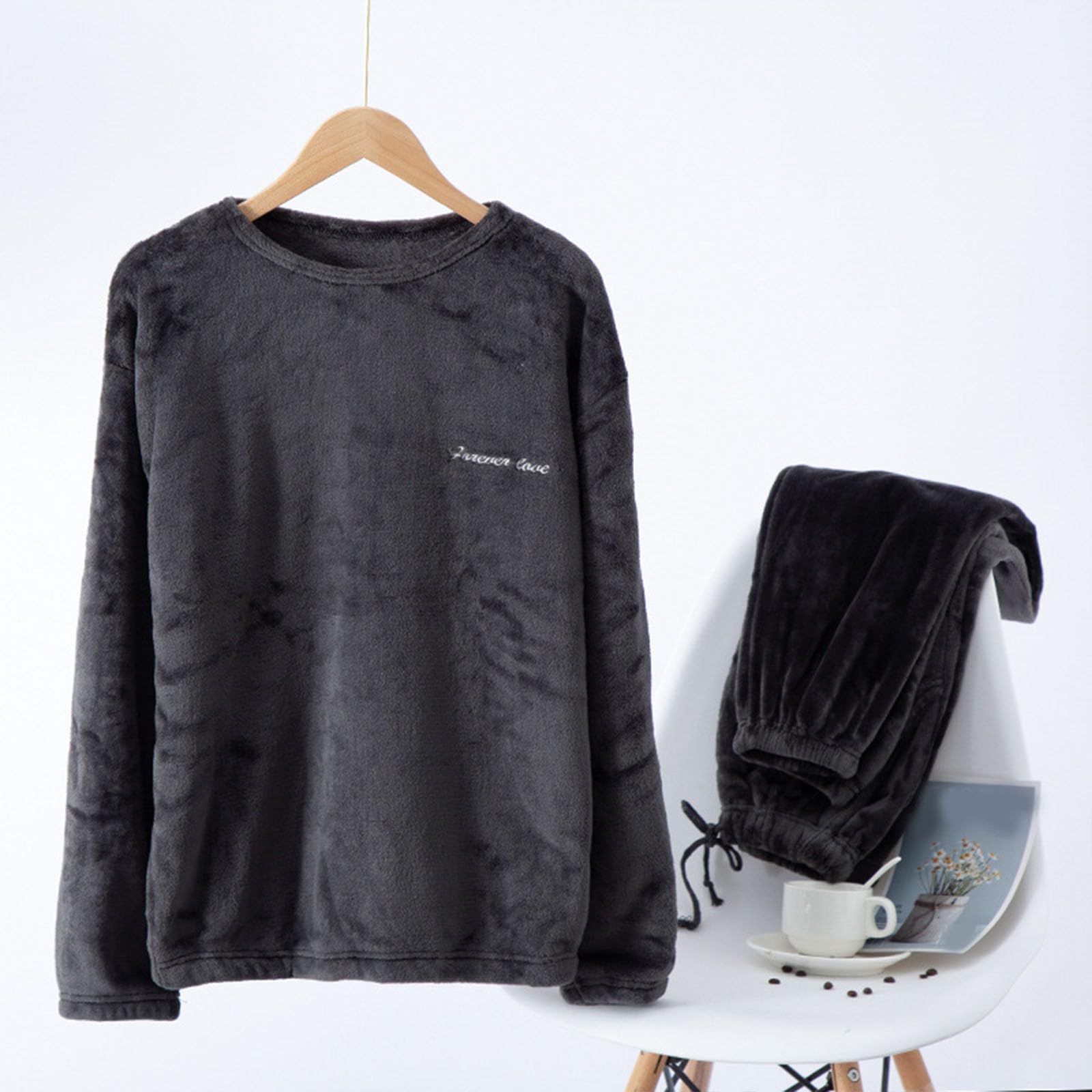 Pijama largo de forro polar para mujer, juego de pijama de invierno cálido de felpa, ropa de dormir de franela de dos piezas, cuello redondo, manga larga, sudadera y pantalones de dormir