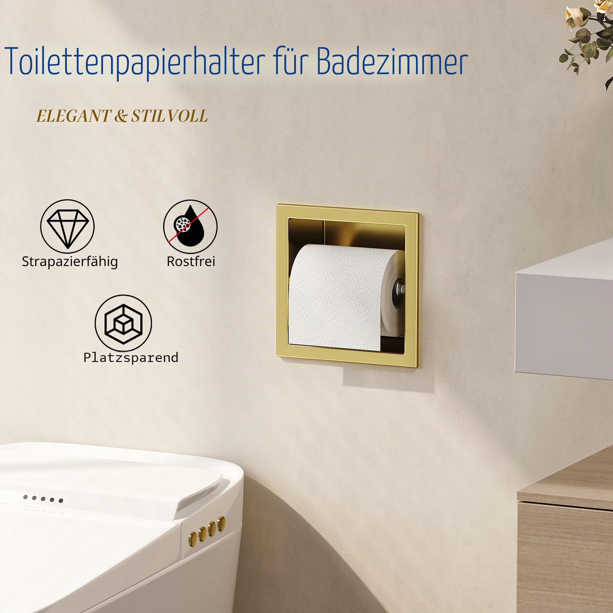 Neodrain Gold Eingelassener Toilettenpapierhalter, 304 Edelstahl Eingebauter Toilettenpapierrollenhalter, Rollenhalter für Badezimmerwand
