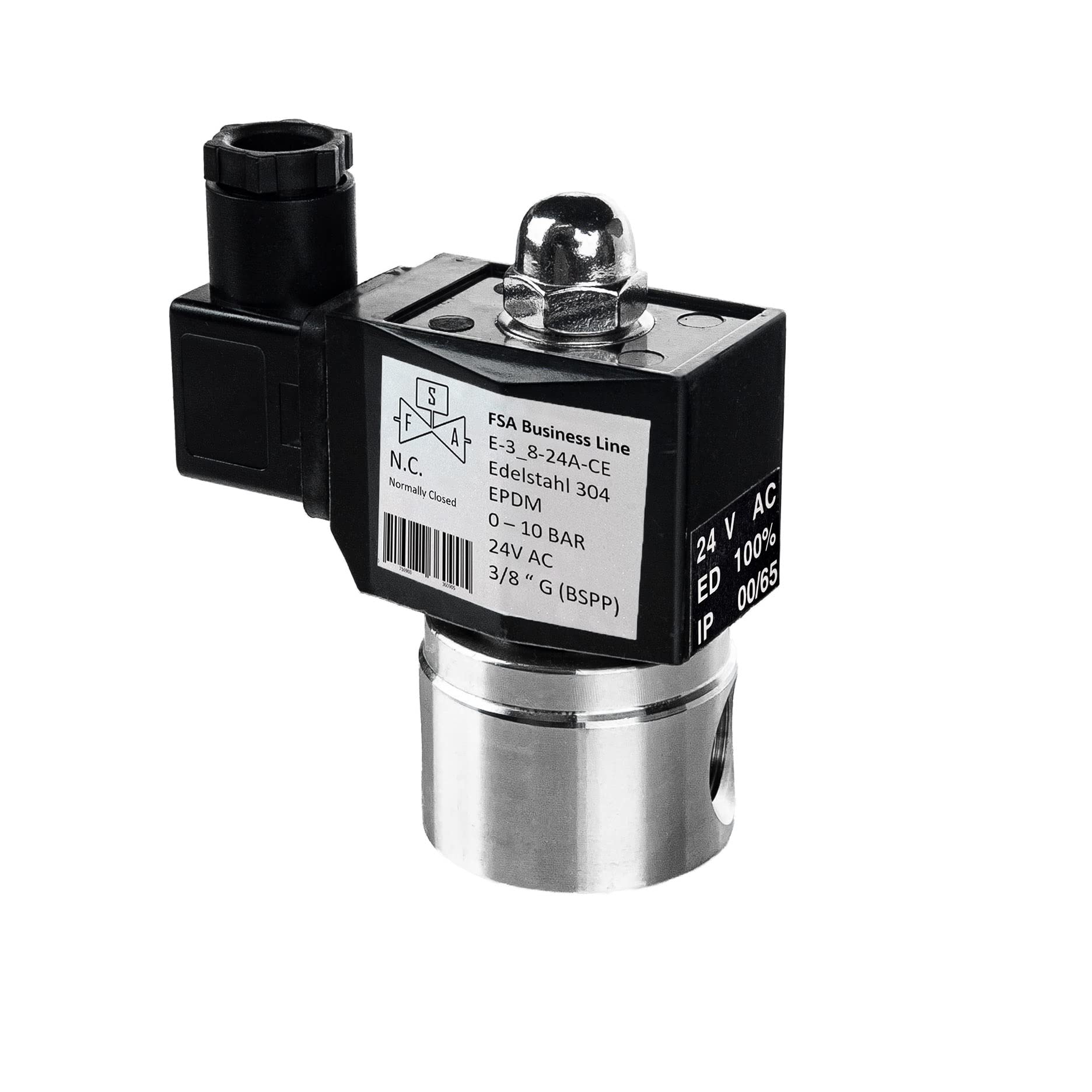 FSA Elettrovalvola in Acciaio Inox 304 3/8" 24V AC 0-10 bar EPDM normalmente chiusa