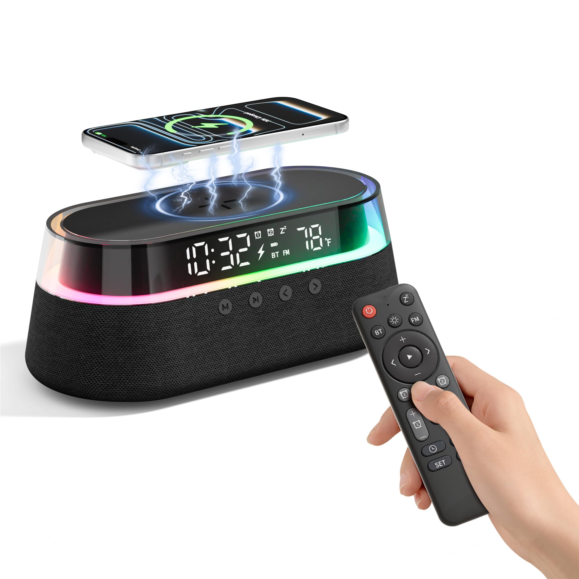 Altoparlante Bluetooth con Sveglia Caricatore Wireless 15W con Telecomando | Doppia Sveglia con Radio, Funzione Snooze e Luce Notturna per la Camera da Letto o l'ufficio Regalo Uomo Donne