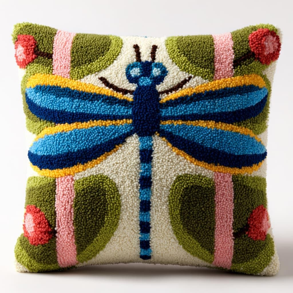 Taxpy Latch Hook Cushion Kits Dragonfly Pillowcase Kits Embroidery Kit 17X17 Inch DIY Needlework Pillow Cover Sofa Cushion Rug Making